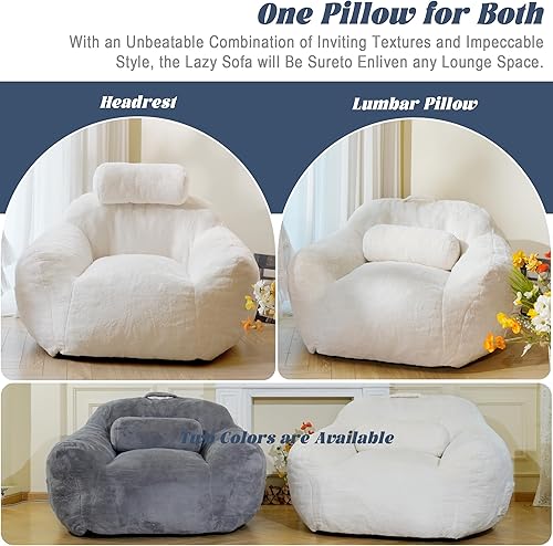 Miniatura 7 de Puf grande para adultos, silla gigante de tela de piel sintética con almohada, puf suave con soporte ergonómico, sofá perezoso de felpa beige, blanco