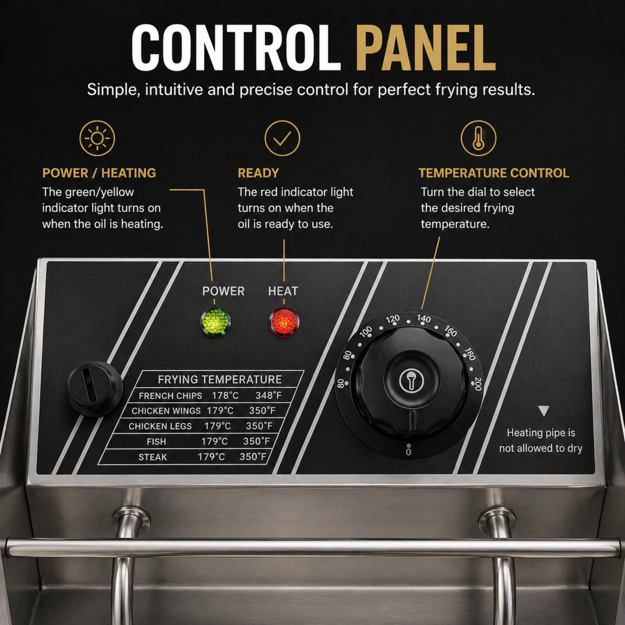 Friggitrice Professionale da 10 Litri. Friggitrice in Acciaio Inox, con Sonda per il Controllo della Temperatura. Ideale per la Ristorazione e la Cucina Domestica.