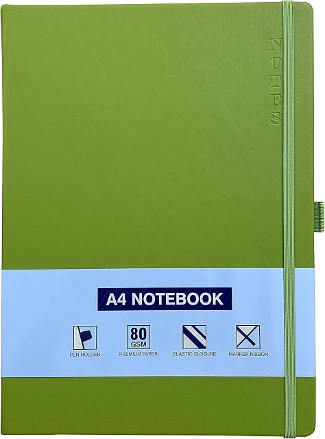 A4 Notebook Hardback Ruled Notepad Notes Lined Journal Diary with Pen Holder Premium Quality Casebound Book (Green)