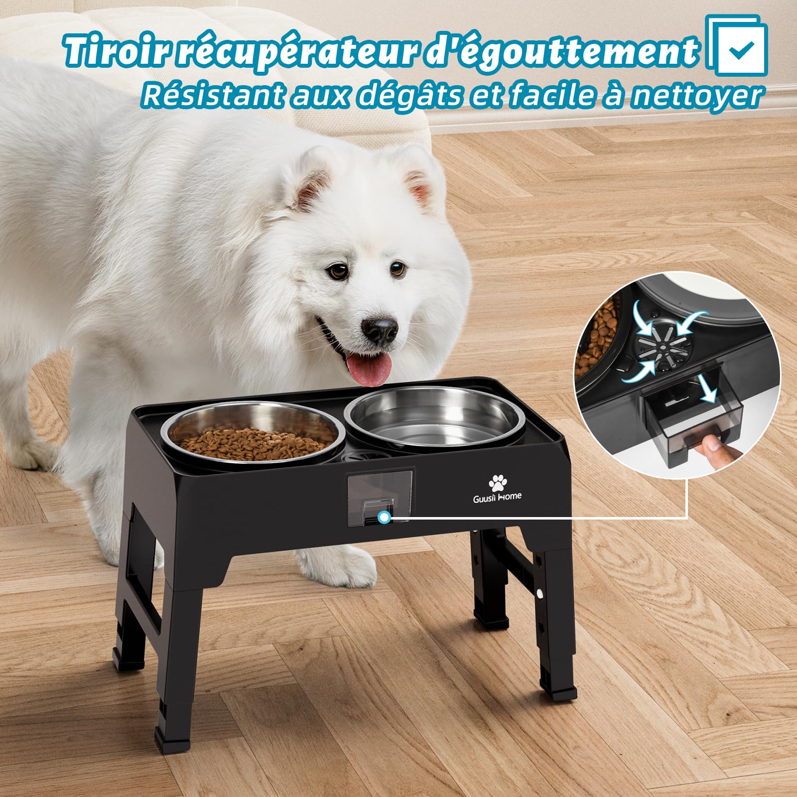 GUUSII HOME Gamelle Surélevée pour Grand Chien - Porte Bol Haute INOX - Bar à Gros Chien Moyen Chiot - Hauteur Réglable 43.5 * 24.4 * 12/25.7/29.7/33.7cm 2000ml