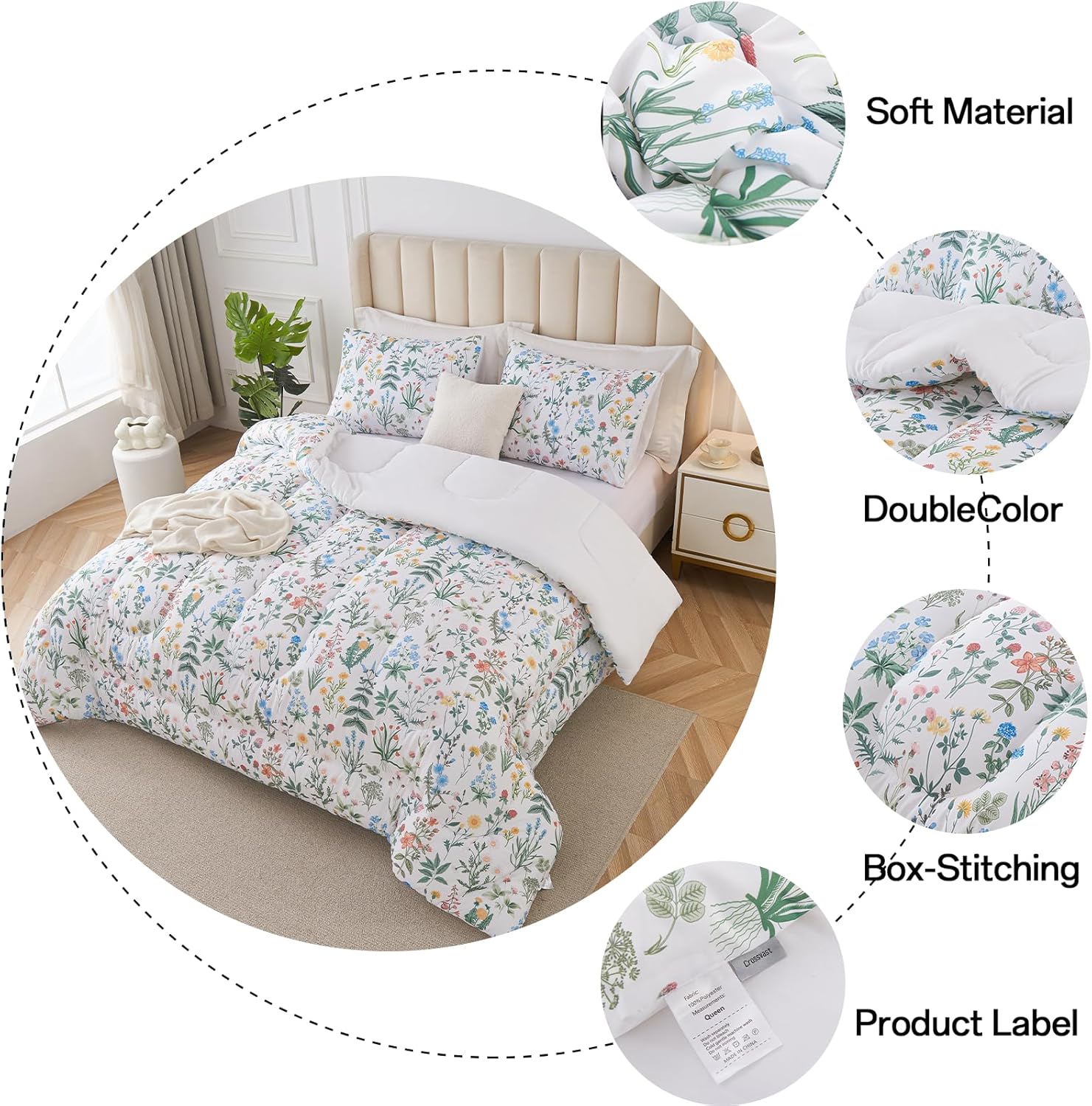 King Size Comforter Set, King Bedding Sets 3 Pieces for All Seasons, Bed in a Bag King Bedspread with Botanical Flowers Comforter, 2 Pillowcases