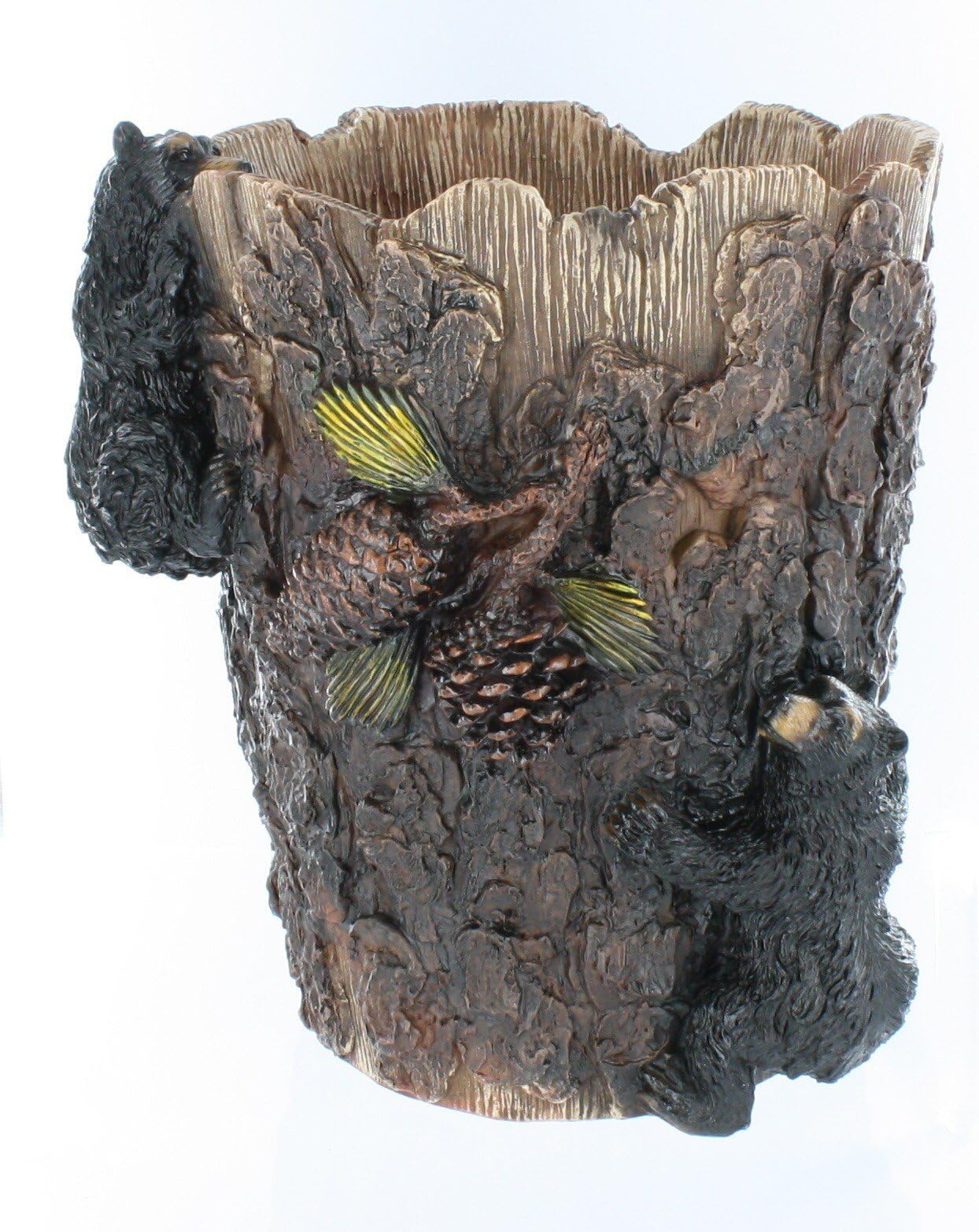 Double Black Bear Tree Bark Pinecone Waste Basket / Trash Can Rustic Bathroom