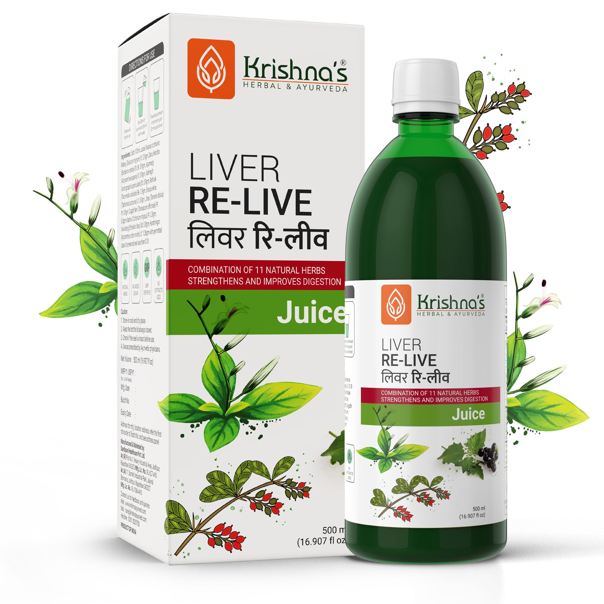 Krishna's Liver Re-Live Juice 500 ml | Healthy Liver | Natural rejuvenator | Strengthens the digestive system | Goodness of 11 powerful herbs like Makoy, Harshringar, Daru Haridra | Sugar free Juice