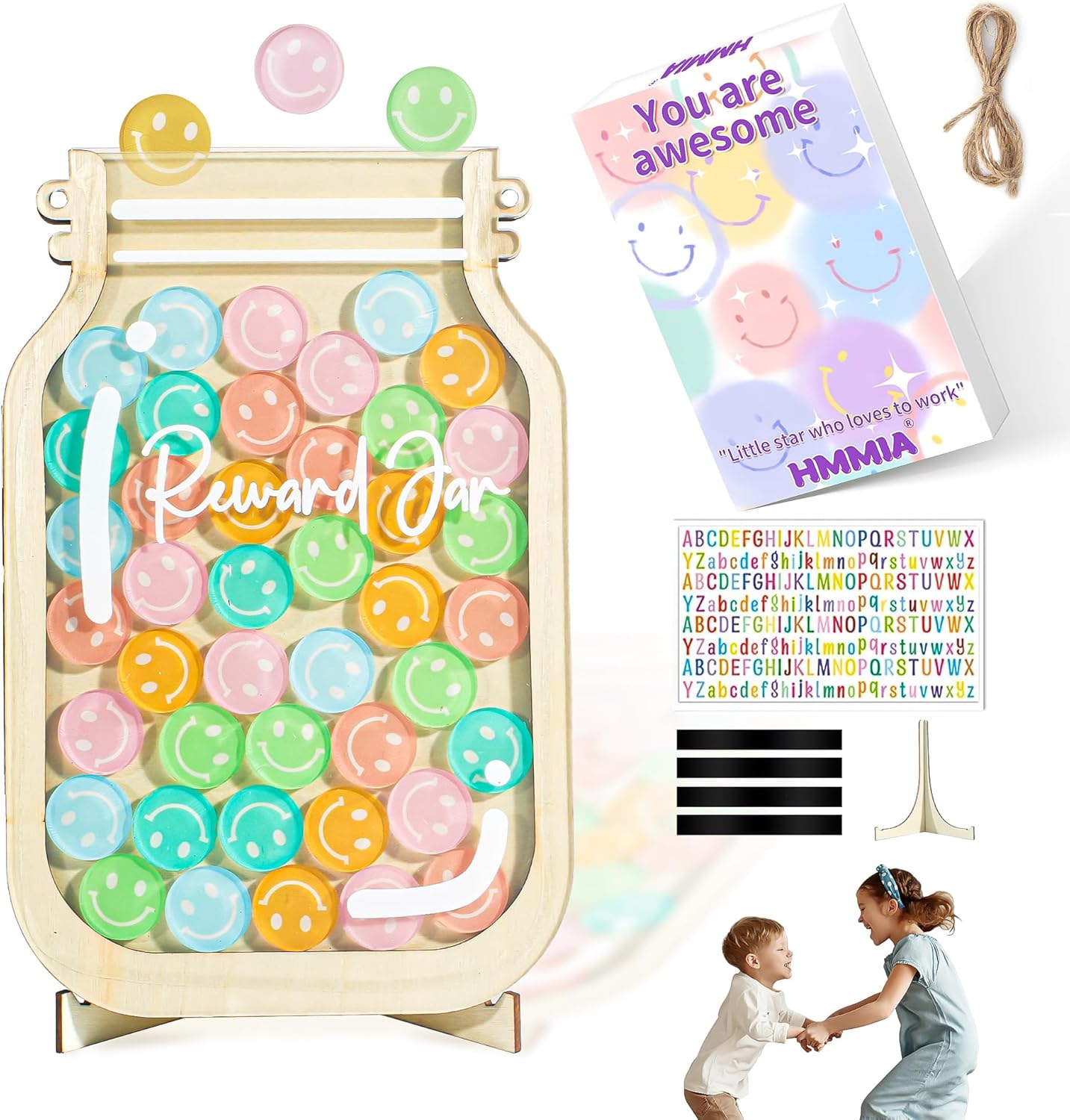 Personalized Magnetic Reward Jar, Smiley Faces Jar with Colorful Letter Stickers, Ideal for Classroom Reward System, Home Chore Chart, Positive Behavior Training (42PCS Smiley)