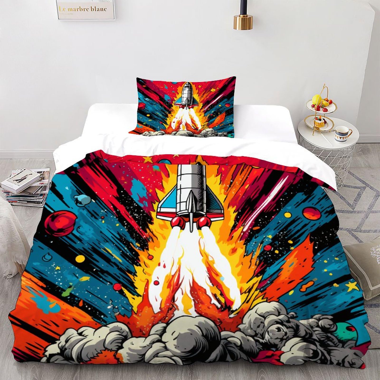 Parure de couette Space Rocket en microfibre 135x200cm avec 2 taies