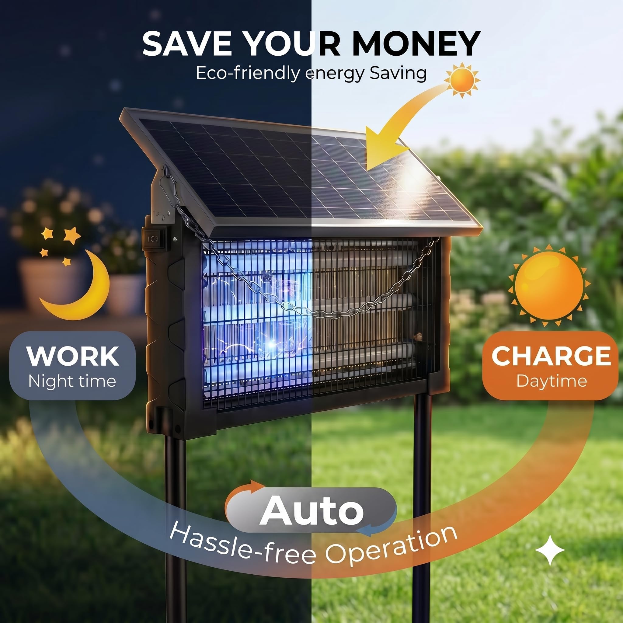 Solar Bug Zapper Outdoor, Moskito Zapper 3000V Kabellos Wasserdicht, Elektrische Mückenfalle Fliegenvernichter Killer für Terrasse Garage Hof Camping