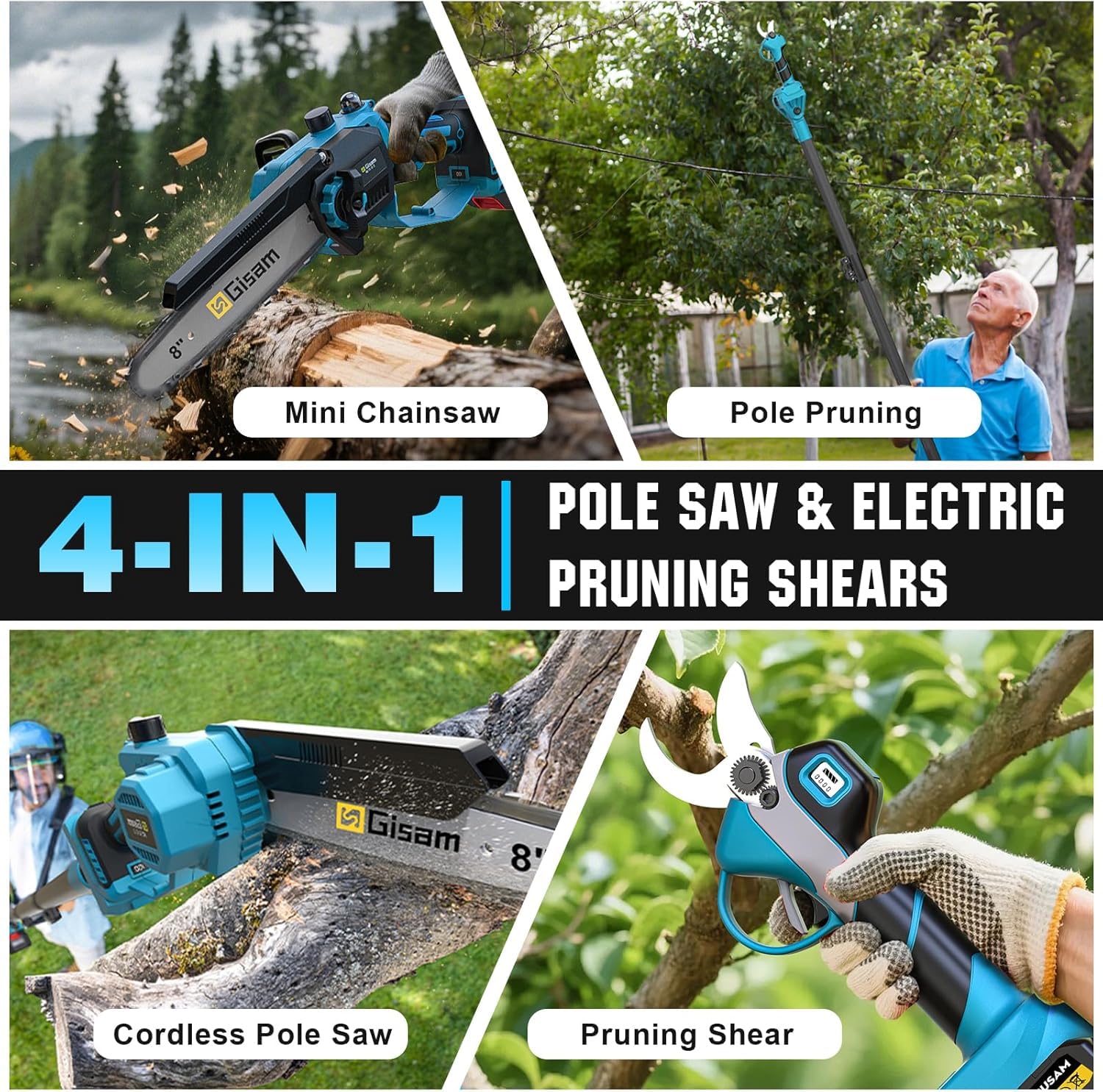 8 Zoll Mini Kettensäge & Akku Elektro Gartenschere 4-in-1 Gartenwerkzeug Set,Mit 2×4.0ah Akku,VerläNgerungsstange Bis 4.2m,BüRstenloser Motor,Elektro Hochentaster AstsäGe FüR Baumzweige,