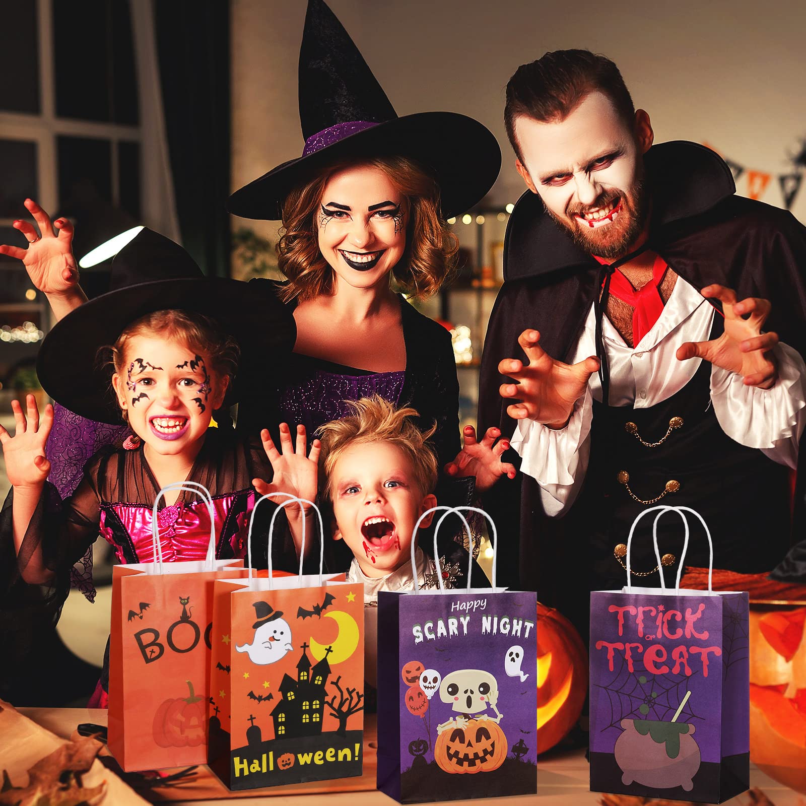 LOKIPA Halloween Treat Bags - 24 Reusable Kraft Paper Goody Bags With Handles For Kids, Trick Or Treat & Party Favors