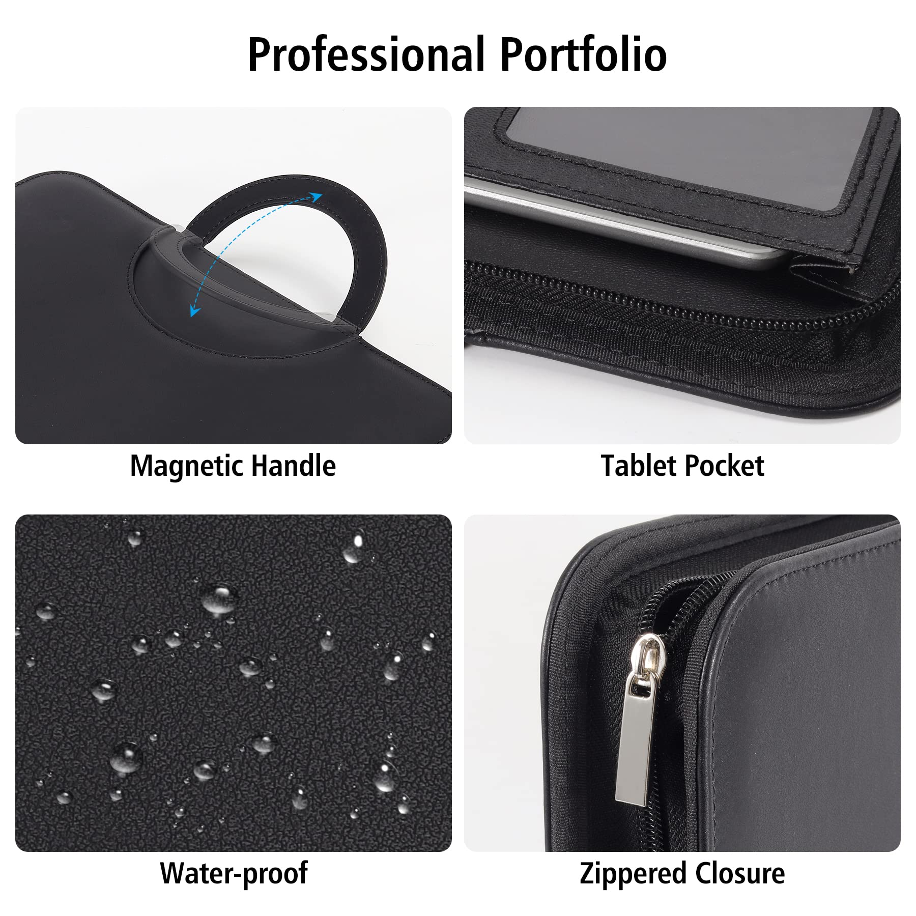 Porte-documents pour homme et femme – Porte-documents en cuir avec fermeture éclair et calculatrice – Support pour tablette, documents, cartes, carnets, bloc-notes