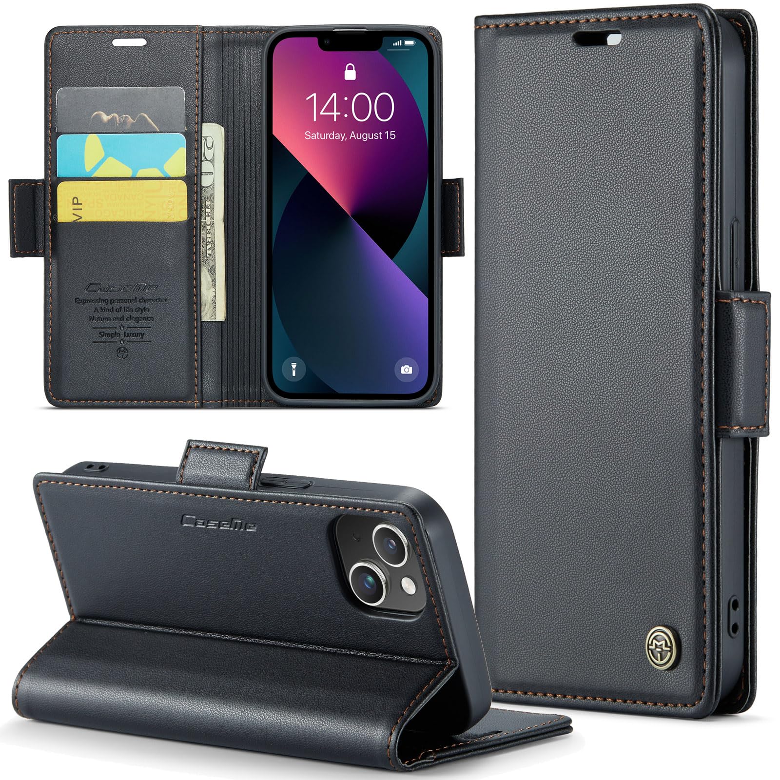 Funda para iPhone 13 6.1", Funda de Cierre Magnético, Cartera de Cuero PU con [Bloqueo RFID], Soporte, Ranura para Tarjetas, Carcasa de Libro, Case para iPhone 13,Negro
