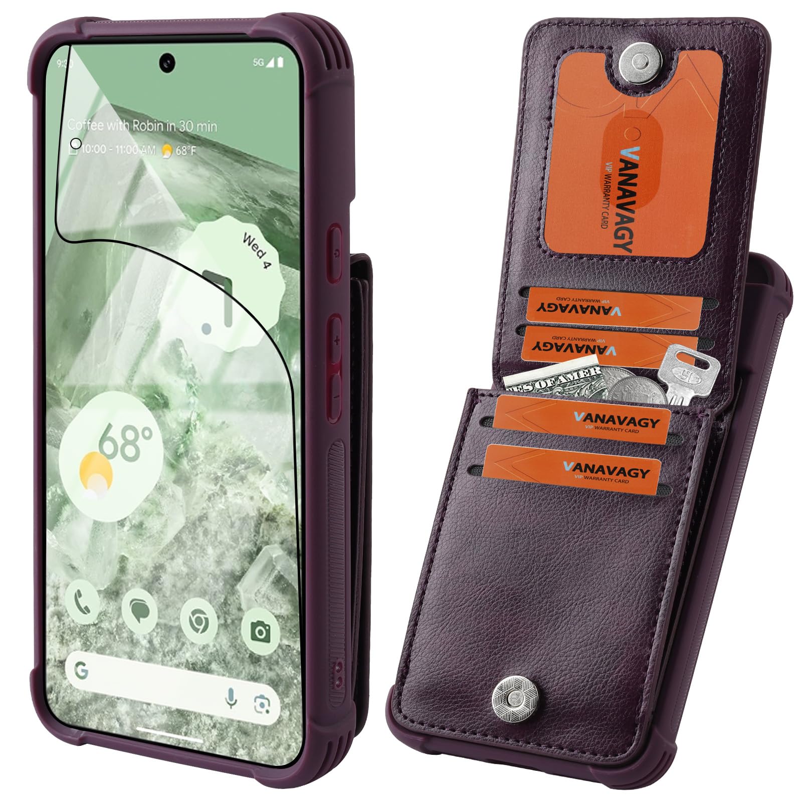 VANAVAGY Compatible for Google Pixel 8 Wallet Case for Women and Men,Leather Magnetic Clasp Flip Folio Phone Cover with Credit Card Holder and Coin Pocket,Purple