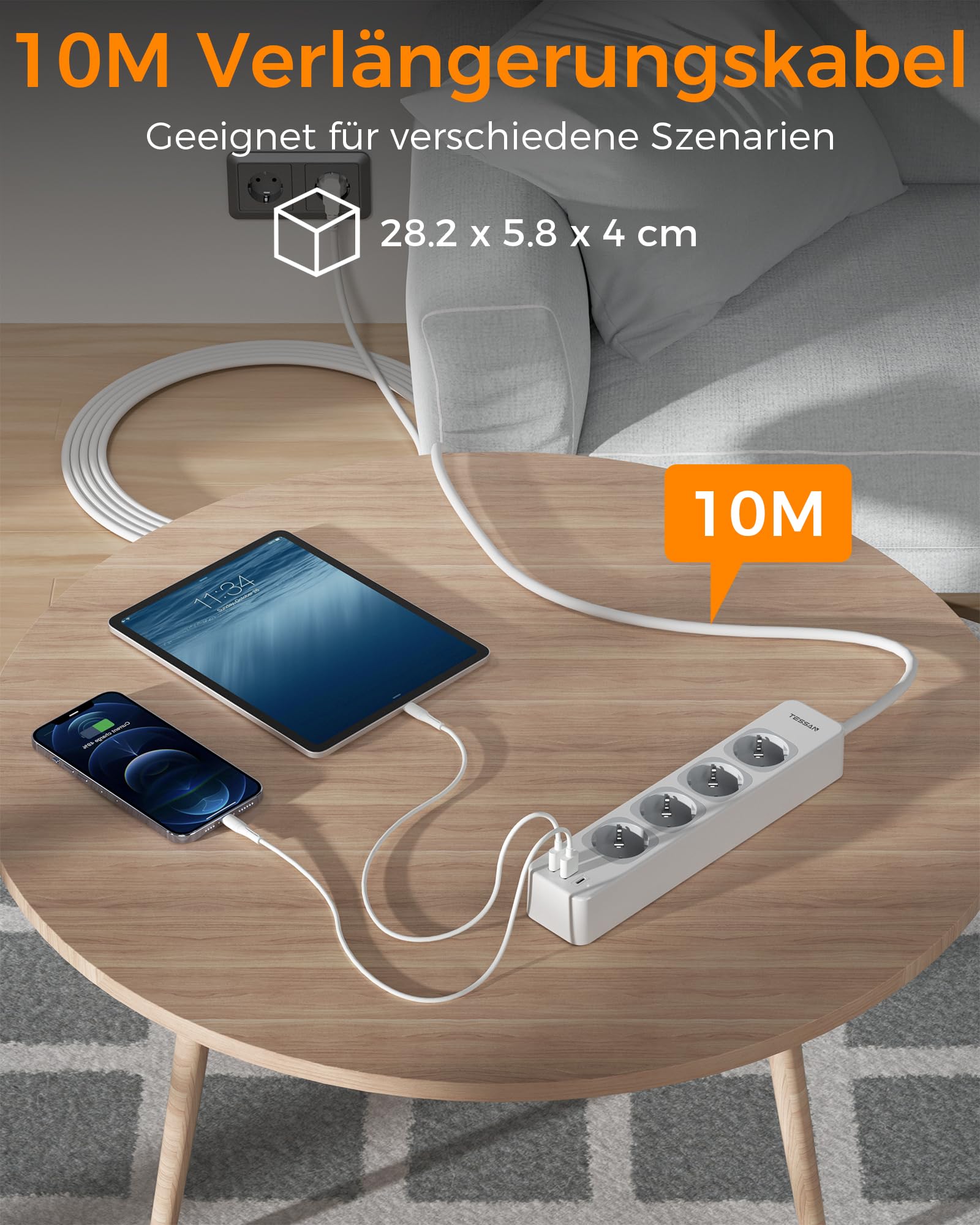 TESSAN USB C Stopcontacten, Meerdere Stopcontacten 4 Schuko Stekkerdoos met 1 USB C, voor 2500W Stekkerdoos, 7 in 1 Meervoudige Stekker Verlengkabel 10m, Thuis, Stopcontact Grijs