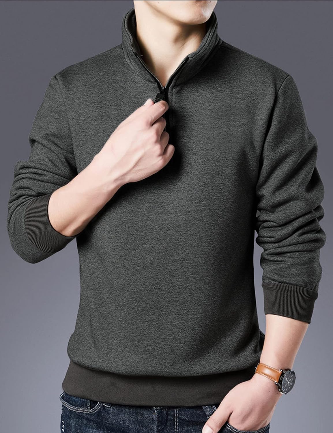 Yeokou Mens Fashion Warm Fleece Crewneck Sweatshirt Thick Sherpa Lined Pullover Tops - Image 2