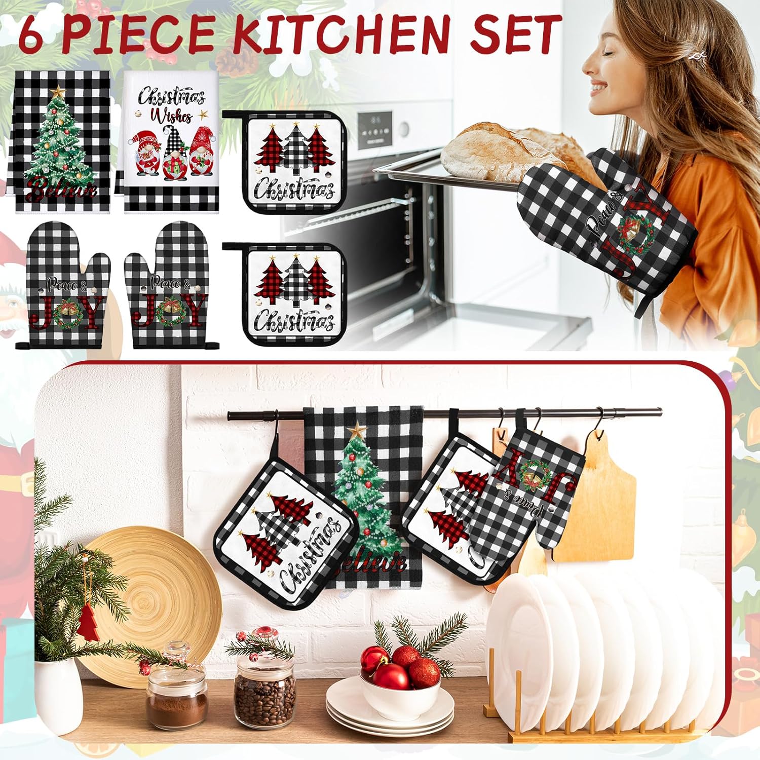 Bencailor 6 Pcs Christmas Kitchen Towel Oven Mitts and Pot Holders Set Christmas Tree Gnome Dish Towels Heat Resistant Oven Gloves for Xmas Kitchen Cooking Baking Grilling - Image 2