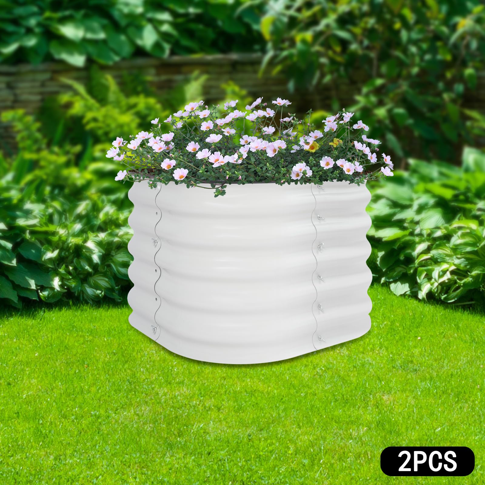 Juego de 2 camas elevadas redondas con guantes y cubierta de goma, jardineras elevadas para exteriores, aptas para el cultivo de verduras, hierbas y flores en el jardín, 60 × 60 × 43 cm, color blanco