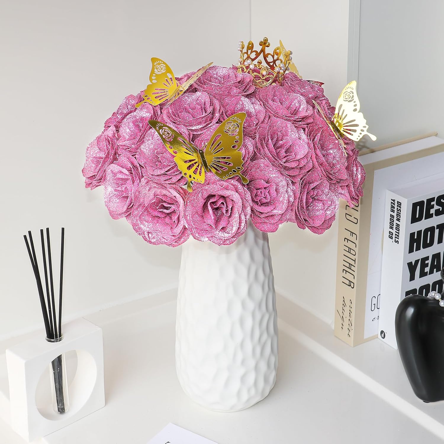 36 Pack Glitter Roses Bouquet Pink - DIY Artificial Rose Bouquet Fake Glitter Flowers with Stems Eternal Floral for Elegance Wedding Bouquet Anniversary Birthday Graduations Valentine's Day Love Gift - Image 6