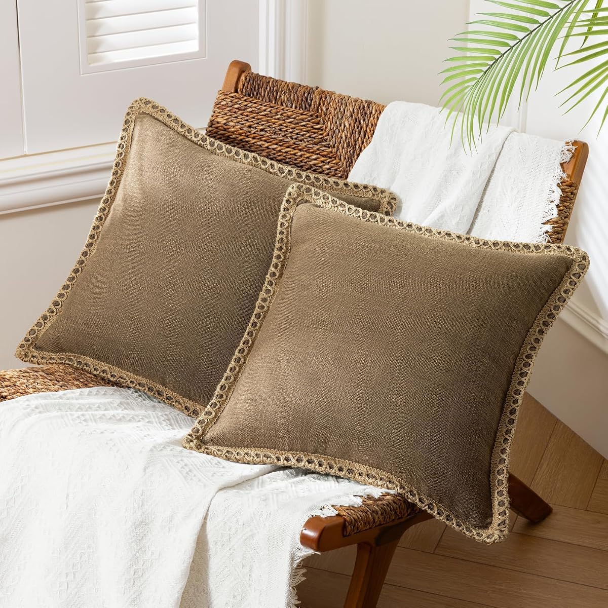 Pack of 2 Farmhouse Decorative Solid Throw Decorative Pillow Cover Burlap Linen Trimmed Tailored Edges Coffee 18 x 18 inches, 45 x 45 cm