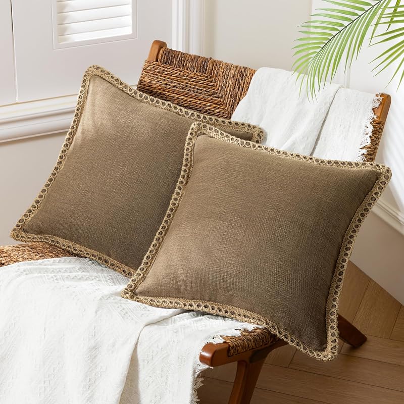 Pack of 2 Farmhouse Decorative Solid Throw Decorative Pillow Cover Burlap Linen Trimmed Tailored Edges Coffee 18 x 18 inches, 45 x 45 cm