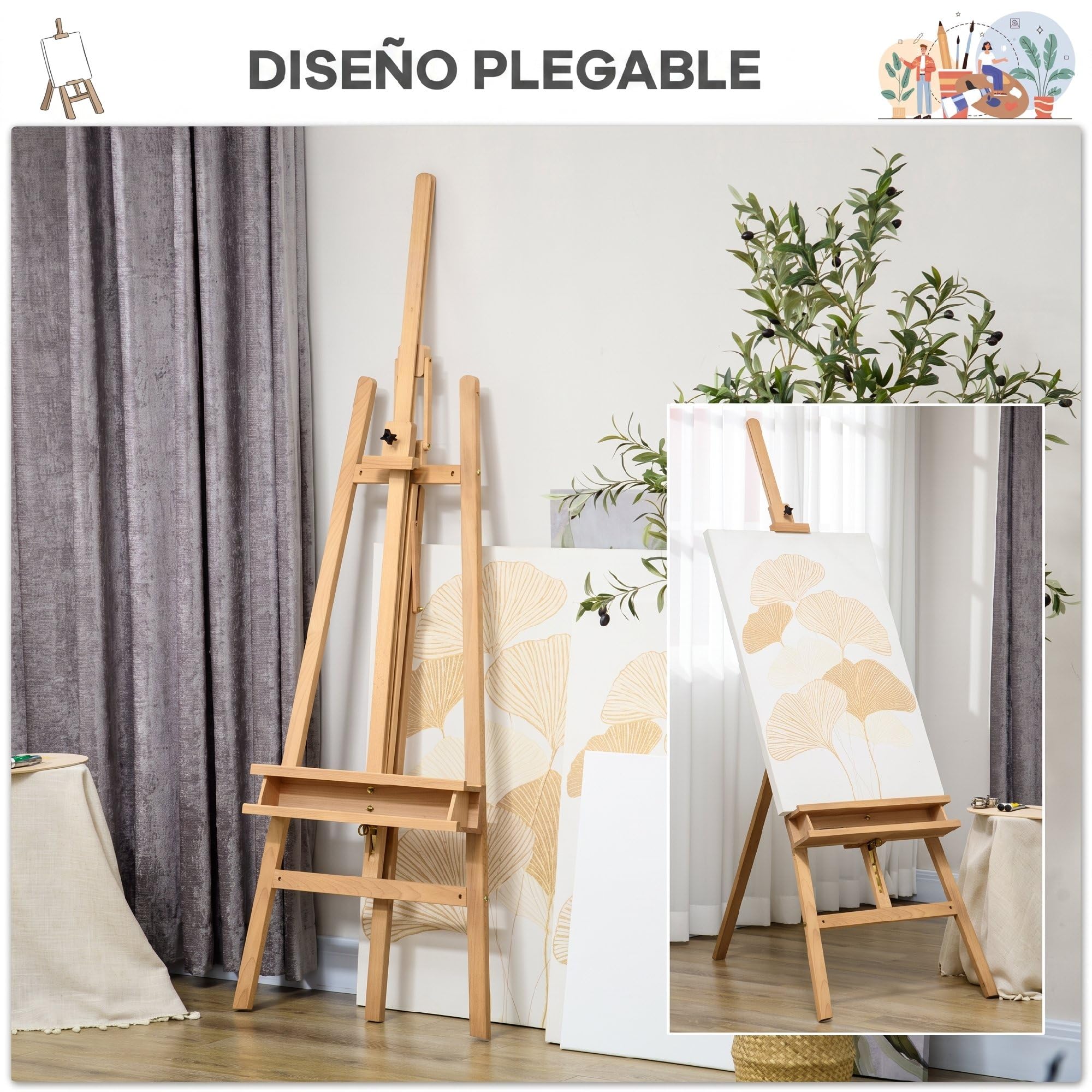 Vinsetto Caballete de Pintura Plegable 235 cm Estante Inferior Natural | Caballete de Madera, Altura y Ángulo Ajustable, para Adultos Artistas Pintor Estudiantes