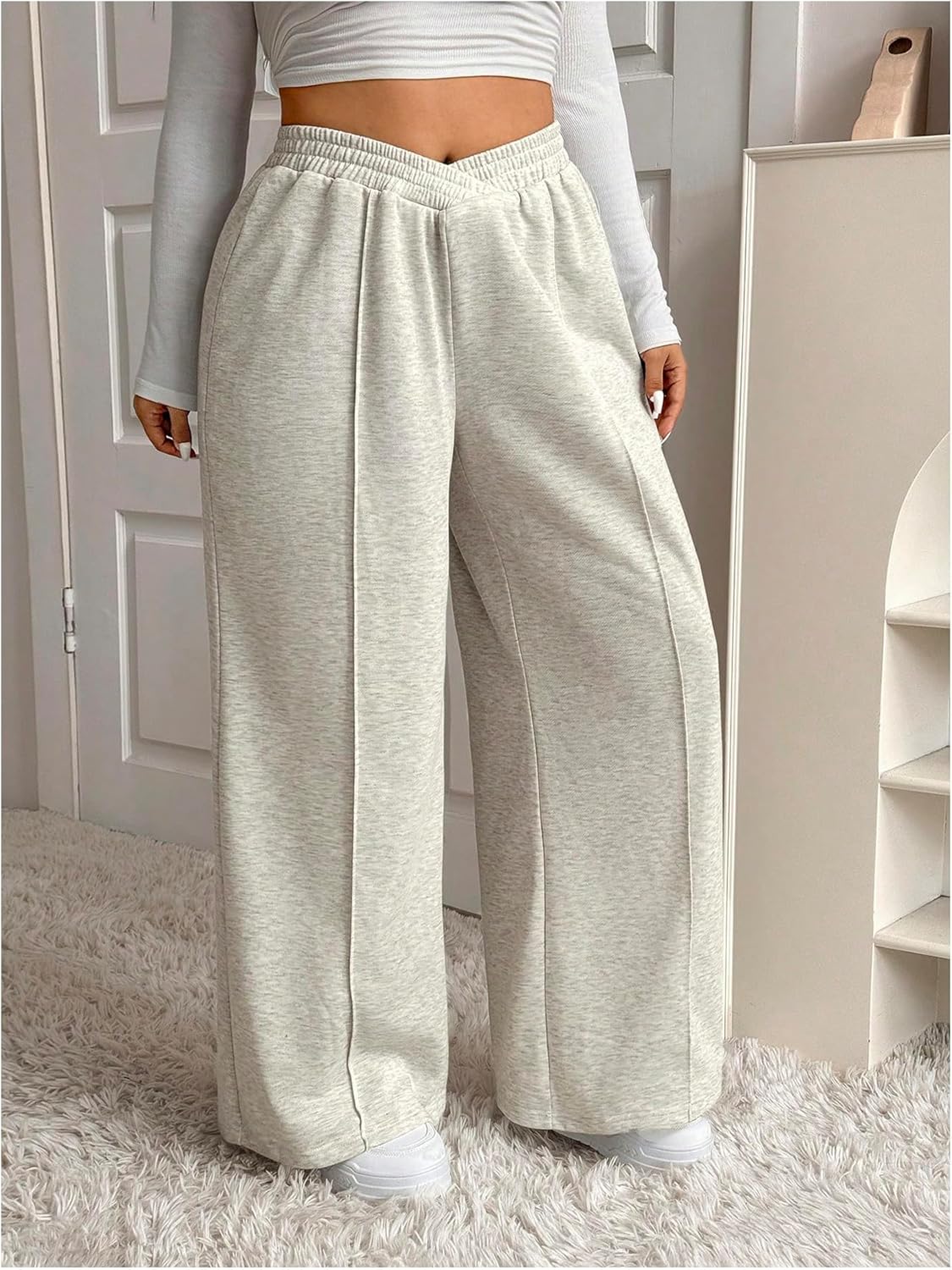 OYOANGLE Women's Plus Size Elastic Waist Sweatpants Workout Athletic Loose Open Bottom Sweat Pants - Image 3