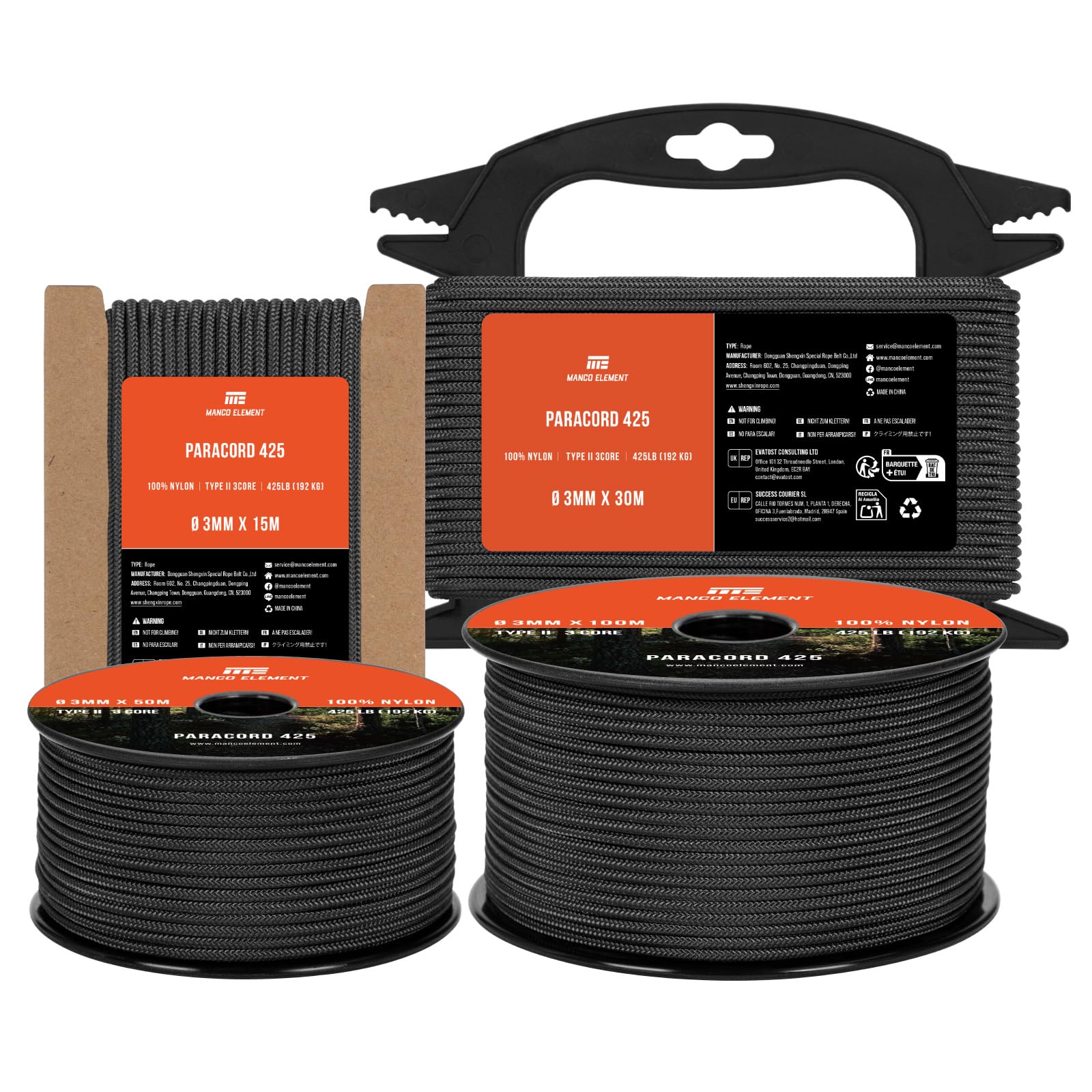 3mm Paracorde 425 Type II 15m Noir | 100% Nylon Corde Rope 3 Brins | Idéal pour Extrieur, Camping, Survie, Bracelet
