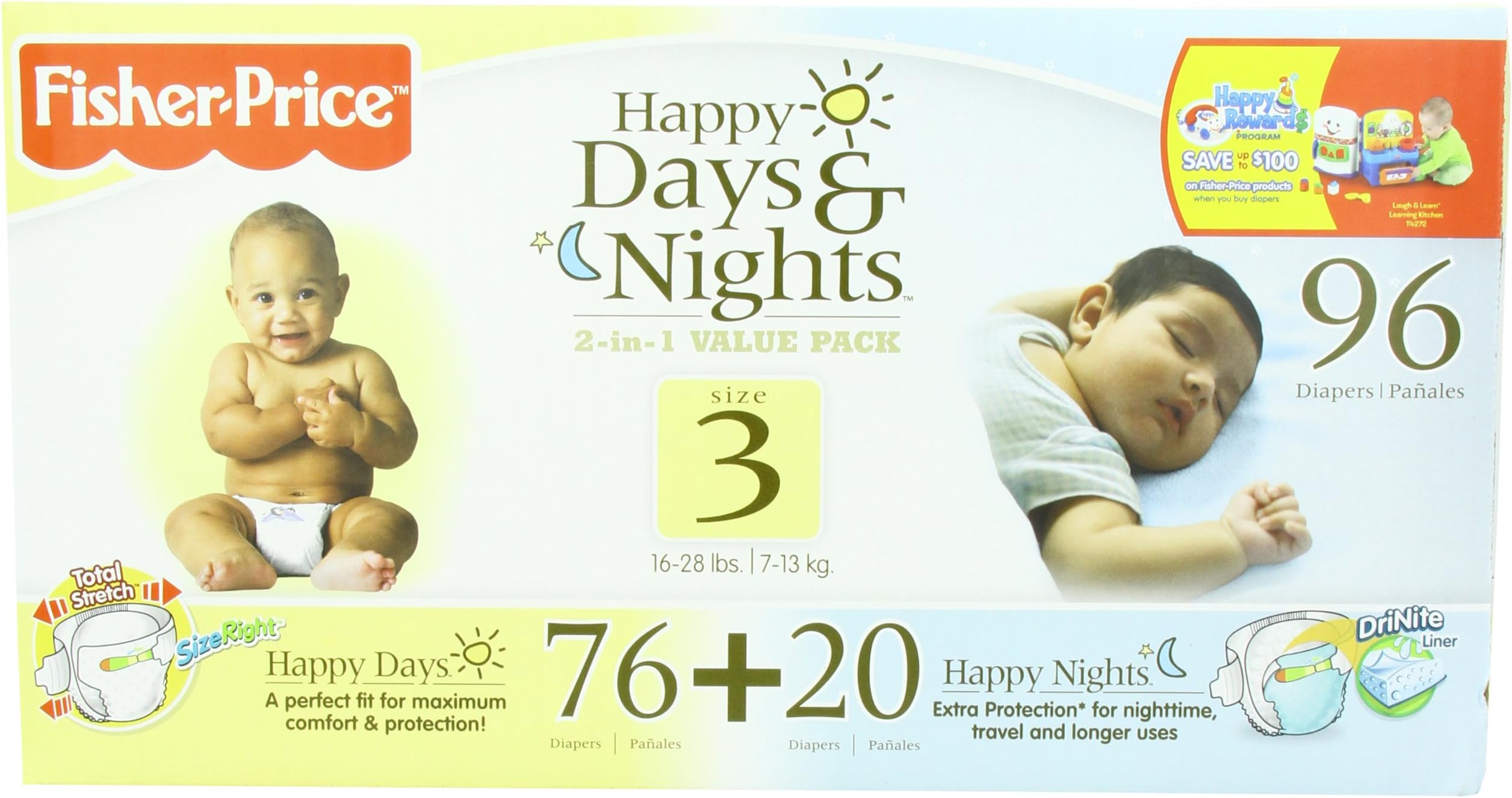 Fisher-Price Happy Days & Happy Nights Baby Diapers Value Pack, Size 3, 96 Count