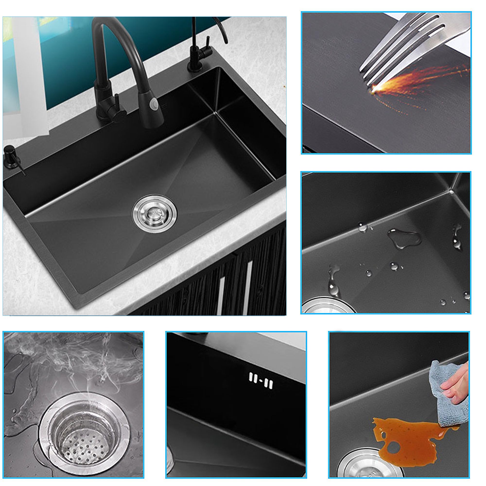 Fregadero de Cocina 1 Seno con Escurridor, Acero Inoxidable Negro, con Dispensador de Jabón para Baño, Viajes en Caravana, 68 * 45 * 20cm