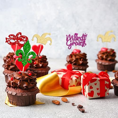 Miniatura 7 de Gyufise 24 máscaras de mascarada para cupcakes con purpurina para despedida de soltera, selecciones de comida para bailes de máscaras, Mardi Gras,