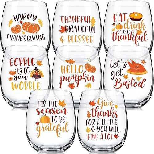Layhit Copas de vino sin tallo de otoño, 8 unidades, diseño de calabaza con hojas de otoño, calabaza y especias, vaso de vino de 12 onzas para