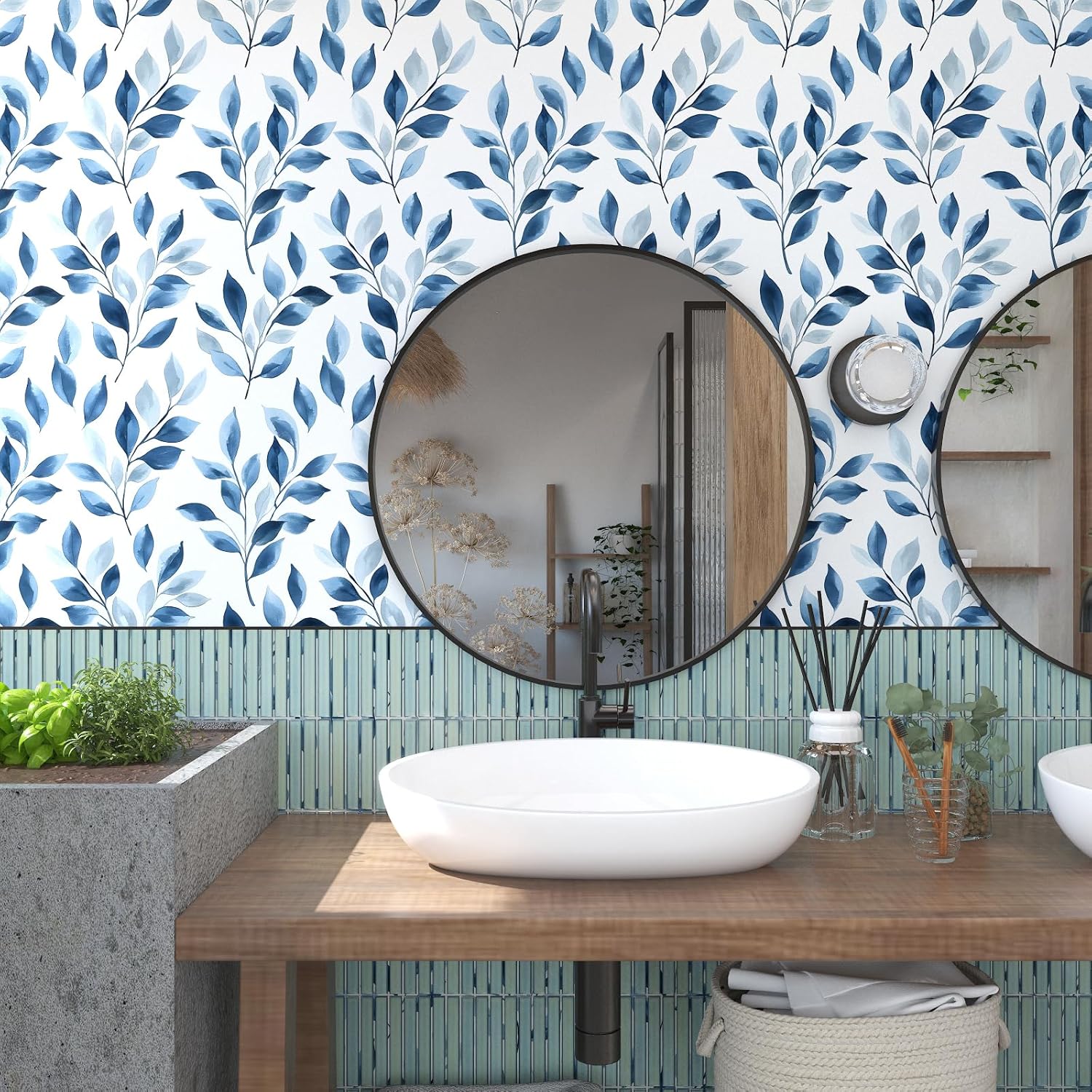 Blue Leaf Boho Peel and Stick Wallpaper – 17.5" x 393" Self-Adhesive Vinyl Blue Floral Contact Paper for Bedroom Bathroom Walls, Modern Removable Wallpaper Decor in Navy and White