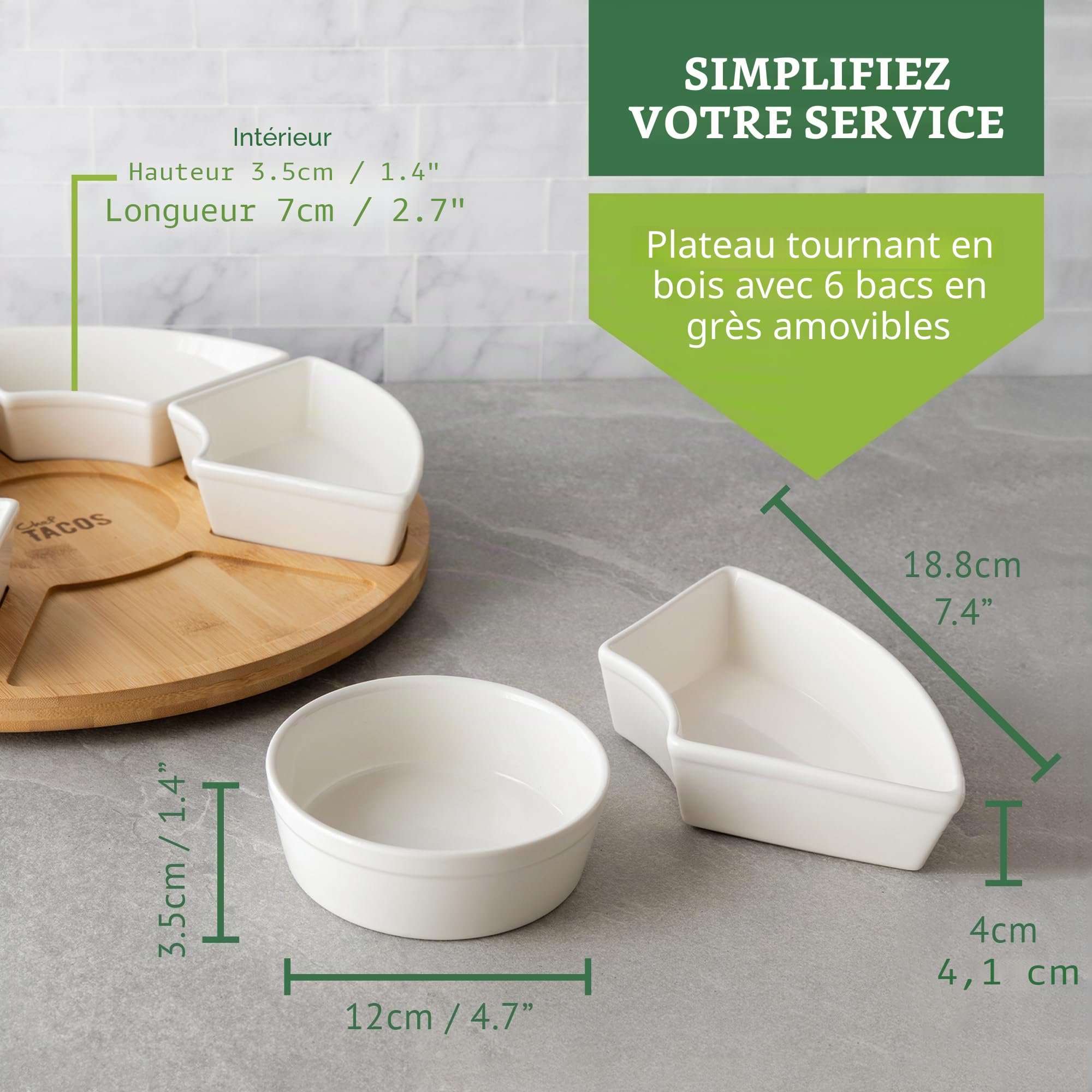 Plateau Aperitif en Céramique, Plateau Tournant Compartimenté pour Collation Tacos Lazy Susan – Ensemble Plateau de Service Apero pour Les Entrées et Desserts de fête, Salsa (33 cm)