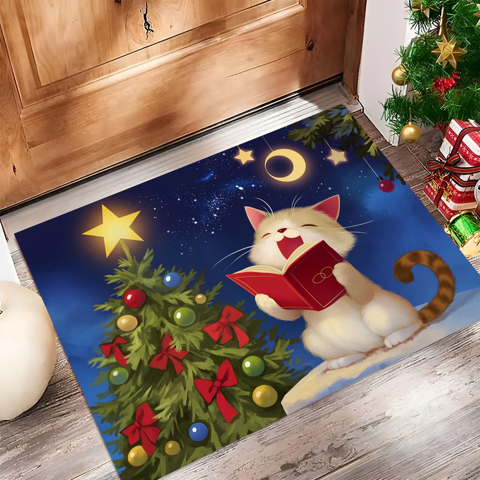 Tapis de bain antidérapant Noël chat mignon paillasson d'entrée bleu foncé 80x120 cm