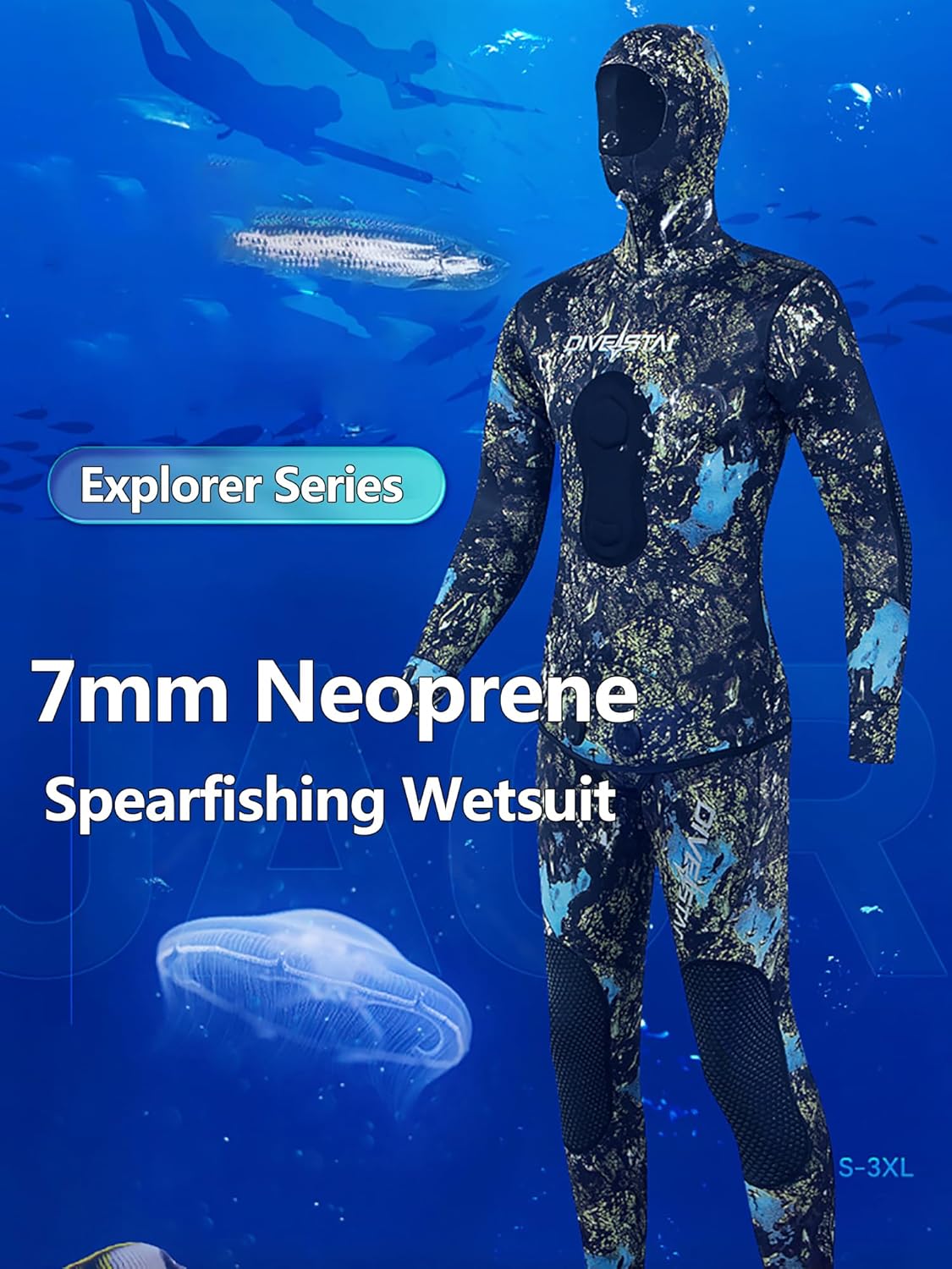 WYYHAA 7MM Neoprene Spearfishing Wetsuit with Hooded, 2 Pieces Camouflage Hunting Diving Suit Color Can Change with The Environment for Cool Water Freediving Snorkeling
