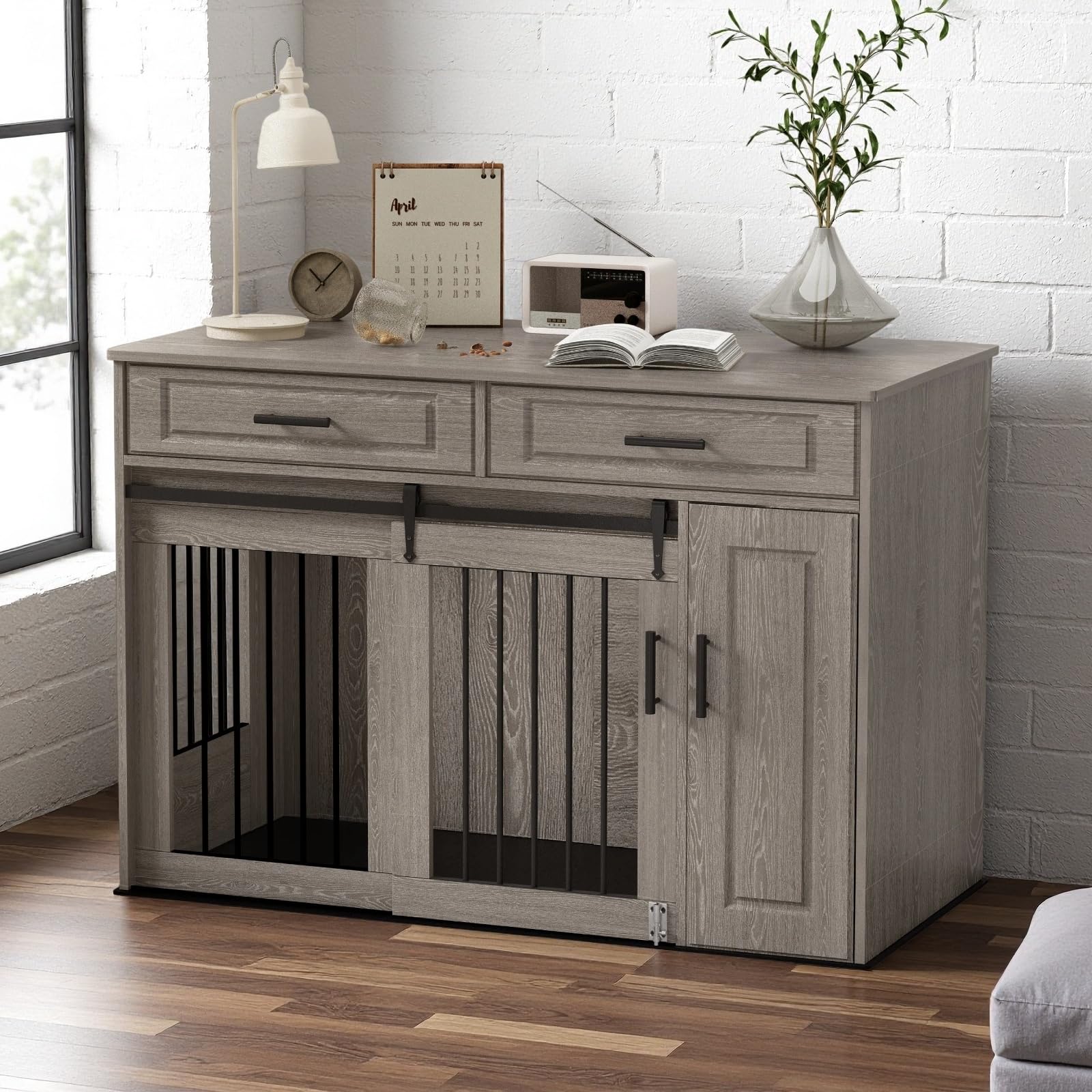 Mueble Estilo Perrera, Perrera Grande de Madera para Perros con Puertas Corredizas, Cajones y Armario, Casa para Perros con Cerradura, Interior, Mesa, Gris