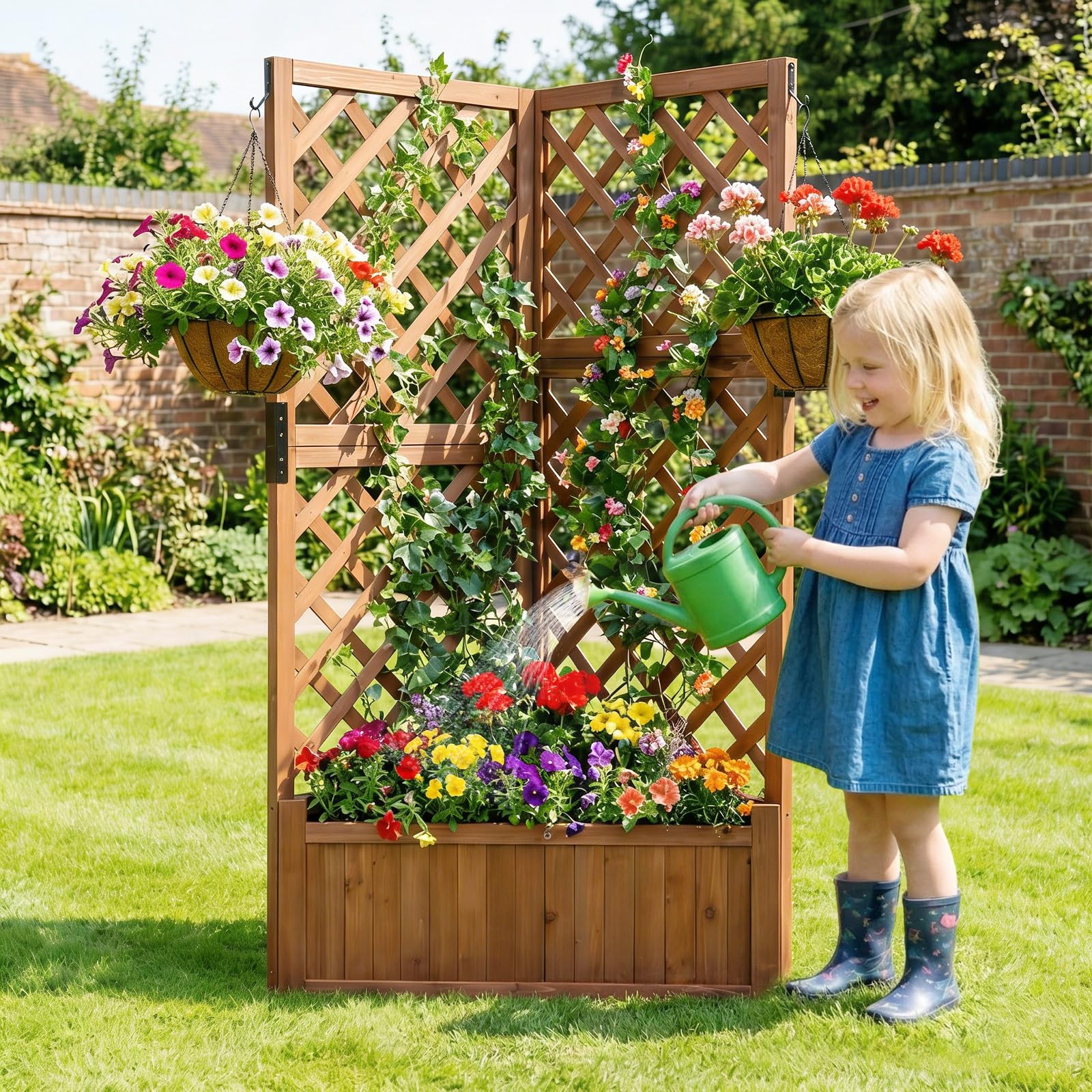 COSTWAY Letto da Giardino Rialzato ad Angolo con Traliccio e Fori di Drenaggio, Fioriera in Legno Elevata per Piante Rampicanti, Fiori e Verdure, Ideale per Interno ed Esterno (Marrone)
