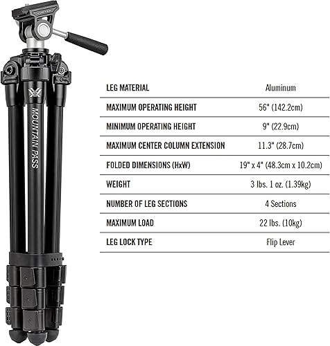 Miniatura 4 de Vortex Optics Mountain Pass - Kit de trípode - Cabezal panorámico de 2 vías, carga máxima de 22 lb, montaje de cabezal Arca-Swiss - Garantía