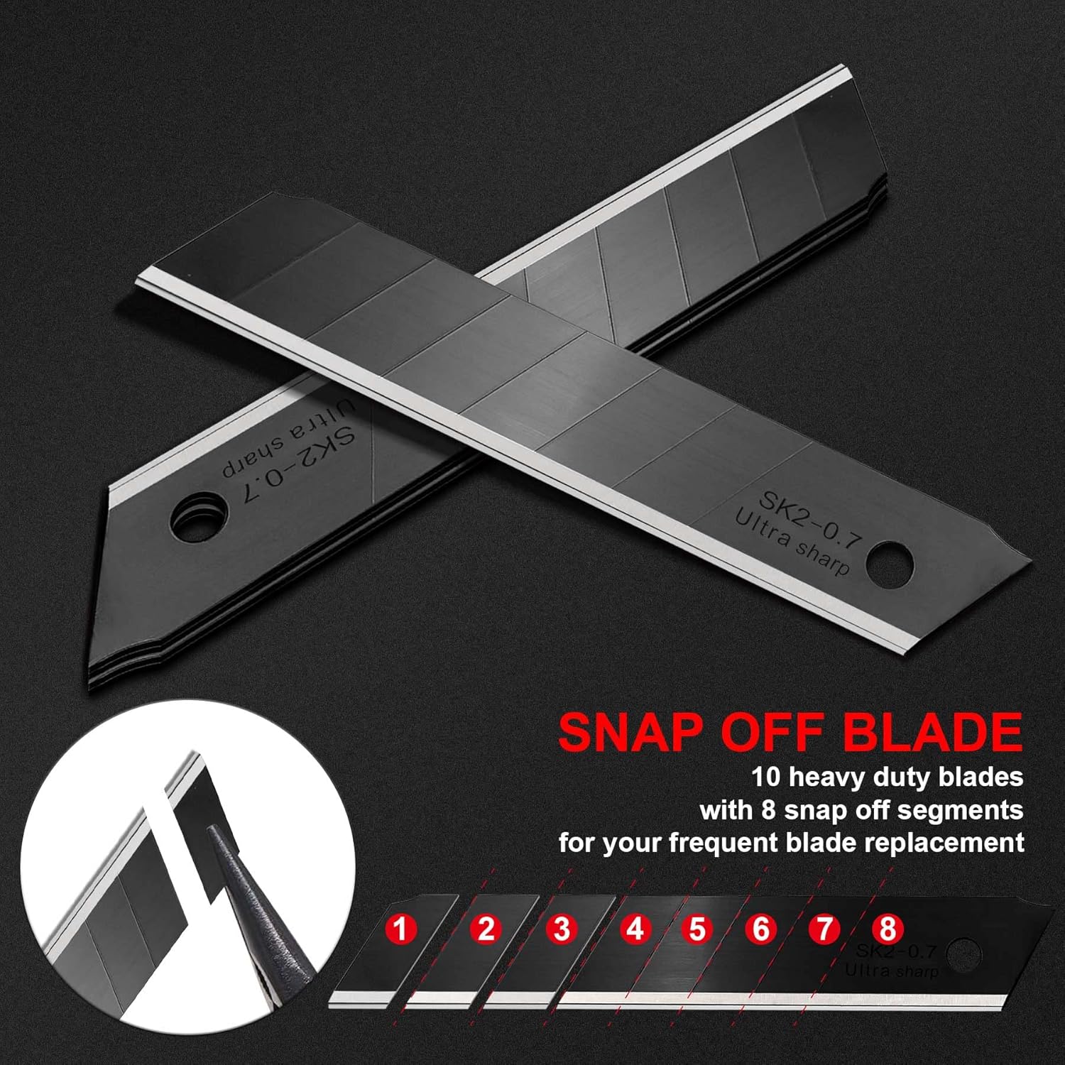 HAUTMEC 100PCS 18mm Triple Cutting-edge Snap Off Blades, Retractable Black Replacement Blades, SK2 Heavy Duty Utility Knife Blades, Strengthened Safety Box, for Box, Carpet, Rope HT0083-100PC