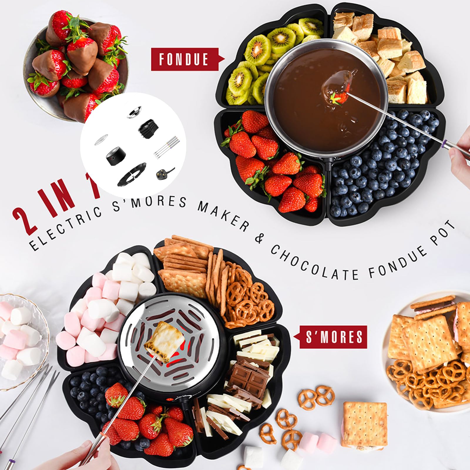 Ollas eléctricas de chocolate con bandeja de frutas, de acero inoxidable, para hacer fondue y malvaviscos con bandejas desmontables para fiestas de inmersión de malvaviscos, frutas y dulces