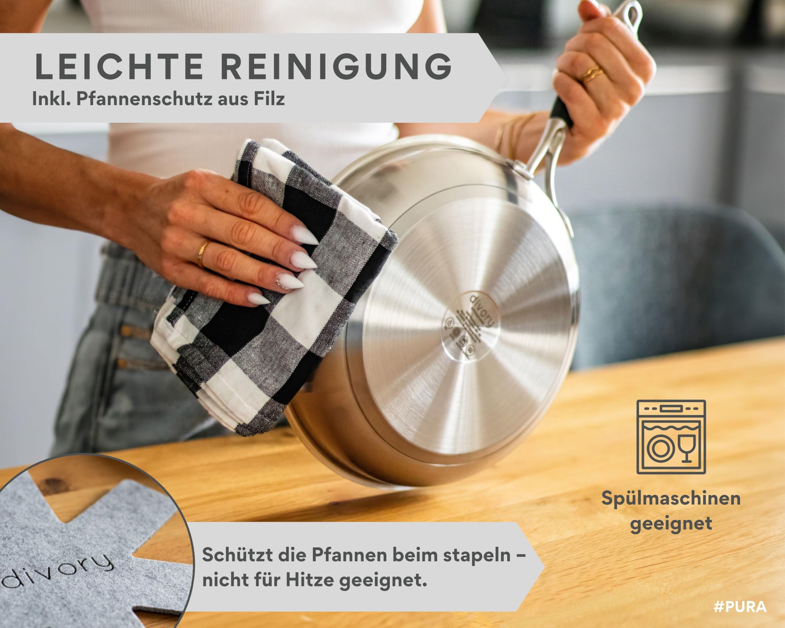 DIVORY Edelstahlpfannen Set 20, 24, 28 cm – Unbeschichtete Pfannen ohne PTFE & PFOA, Bratpfannen Edelstahl für Induktion & alle Herdarten, Pfannenset für Röstaromen – Stainless steel frying pan (PURA)