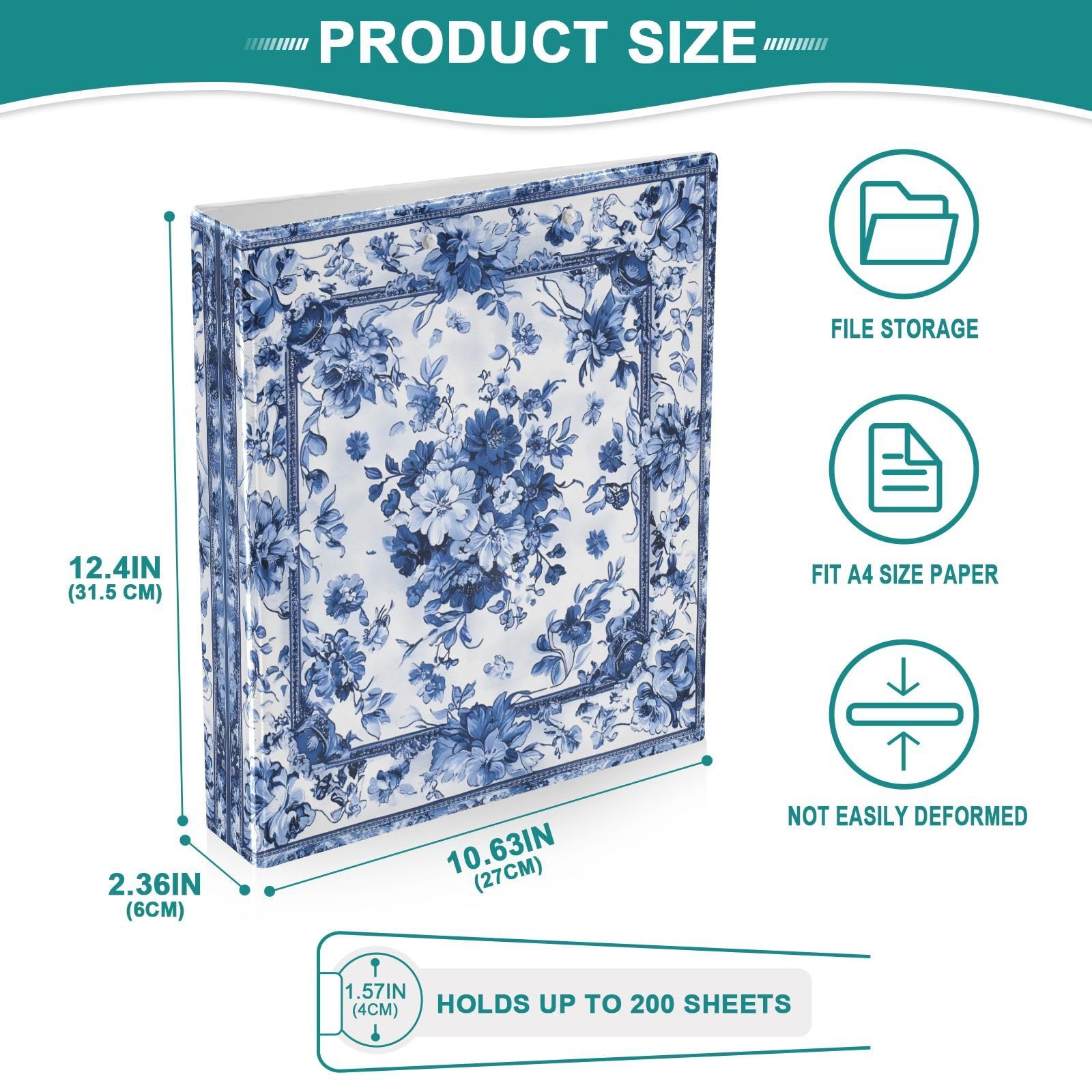 Raccoglitore ad anelli con motivo floreale blu e bianco, 3,8 cm, decorativo, con clip in metallo, formato A4, organizer per casa e ufficio, confezione da 2