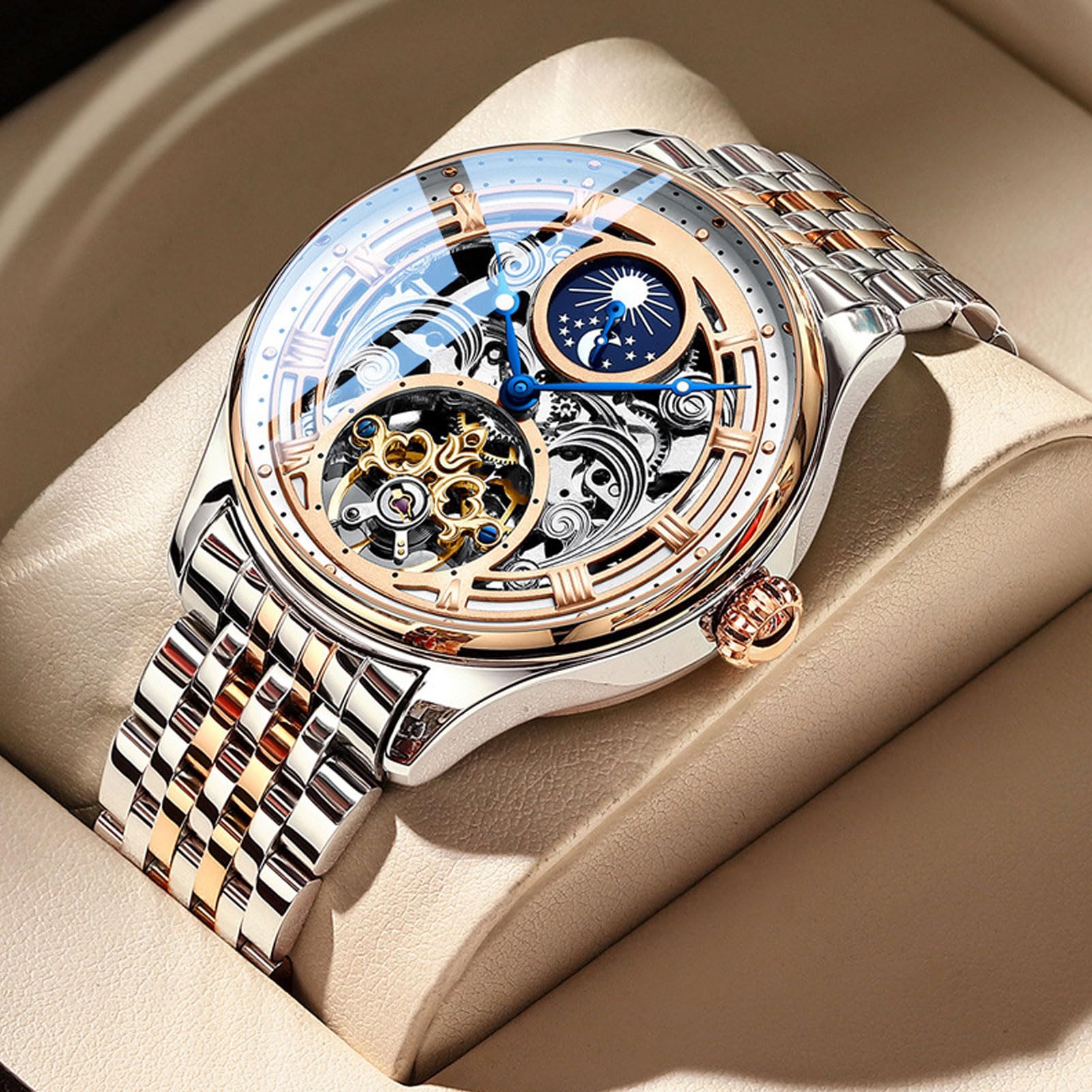 Brrnoo Tourbillon-Mechanische Uhr, Herren-Luxus-Skelett-Automatik-Mechanische-Armbanduhr, Tourbillon, Freiliegendes Uhrwerkszifferblatt, Mondphrase, Wasserdicht