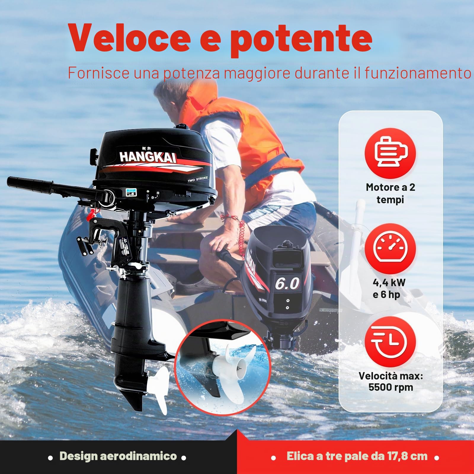 Difu Motore a benzina fuoribordo 6 CV 2 tempi 102 cc 4,4 kW asta corta CDI manuale