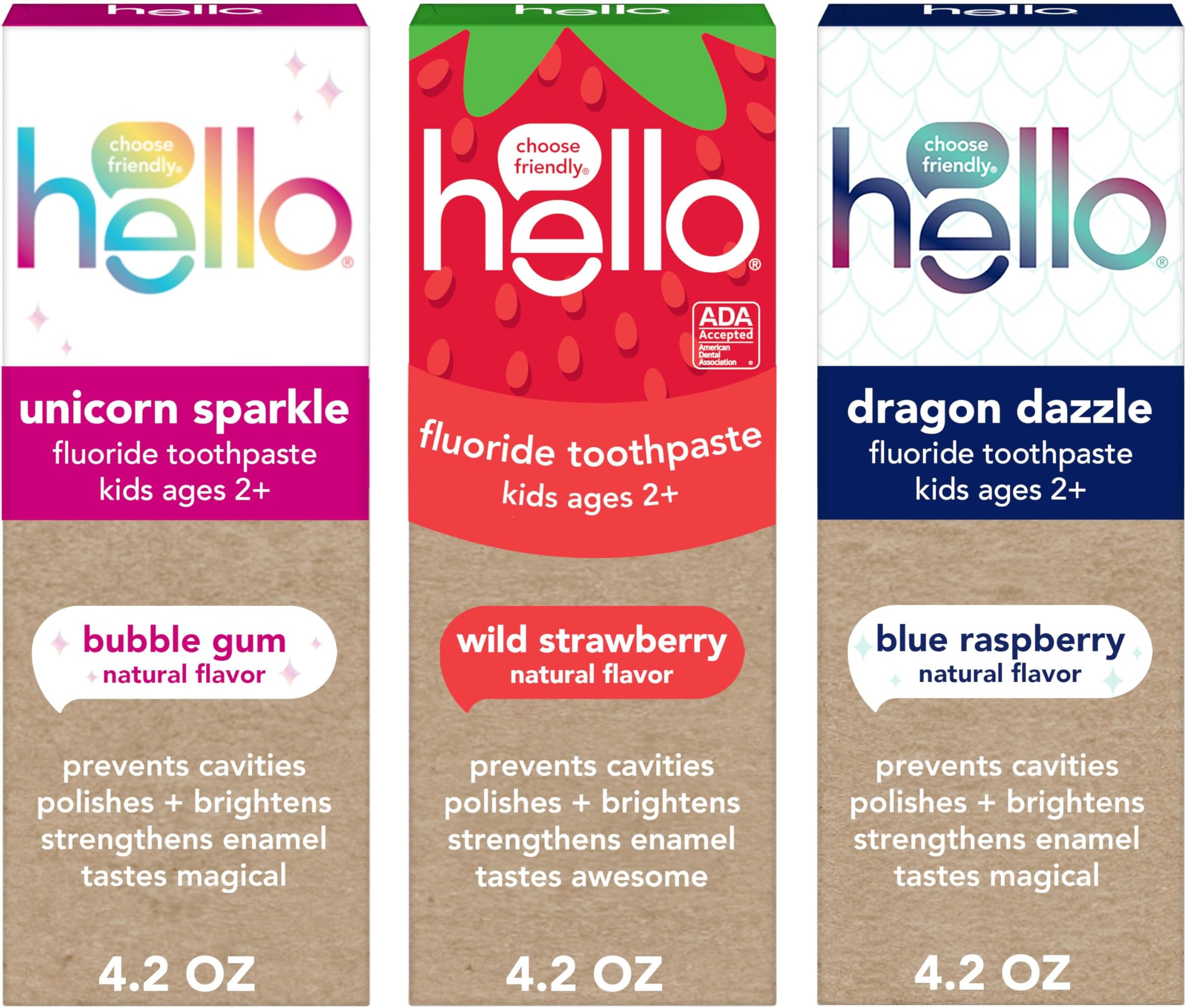 Hello Kids Fluoride Toothpaste Variety Pack, Includes a Strawberry Toothpaste, Unicorn Bubble Gum Toothpaste, and Blue Raspberry Toothpaste, Safe for Ages 2 and Up, 3 Pack, 4.2 Oz Each