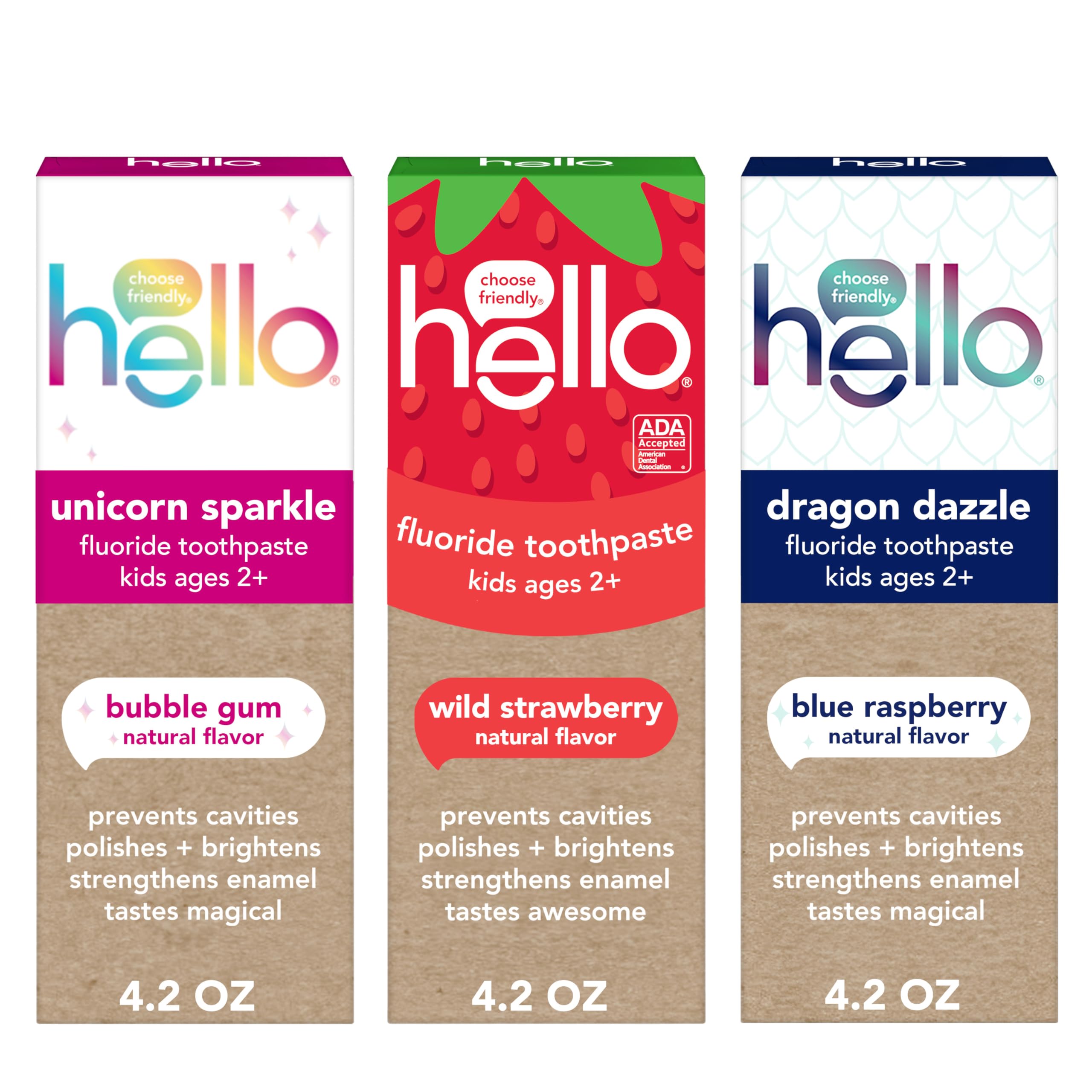 helloKids Fluoride Toothpaste Variety Pack, Includes a Strawberry, Unicorn Bubble Gum, and Blue Raspberry Toothpaste, Safe for Ages 2 and Up, 3 Pack, 4.2 Oz Each