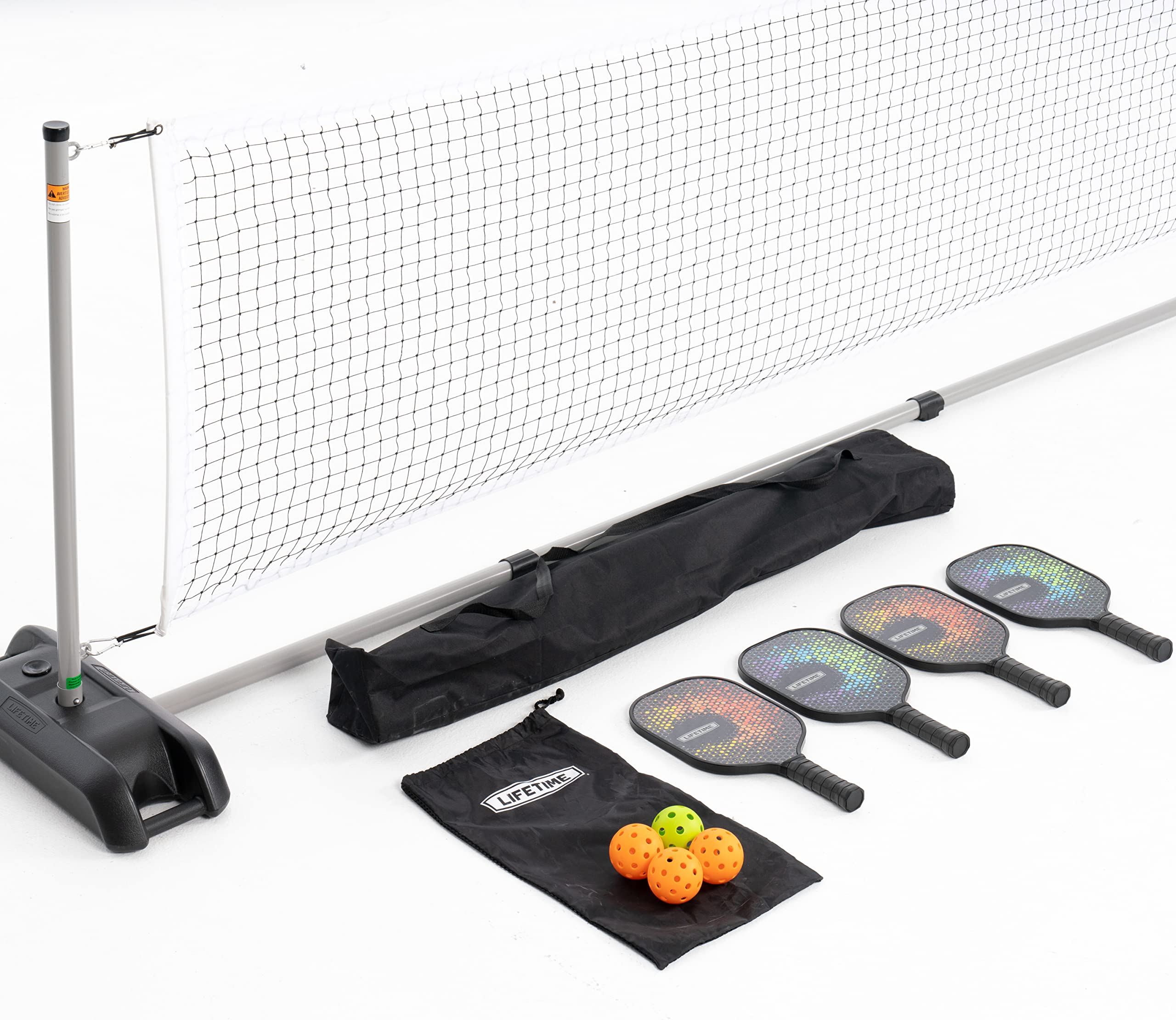 Lifetime Pro Pickleball Set – Includes Pickleball Net, 4 Paddles, 3 Outdoor Pickleballs, 1 Indoor Pickleball, 2 Portable Bases, Steel Poles, Paddle Bag, and Bag for Complete Set
