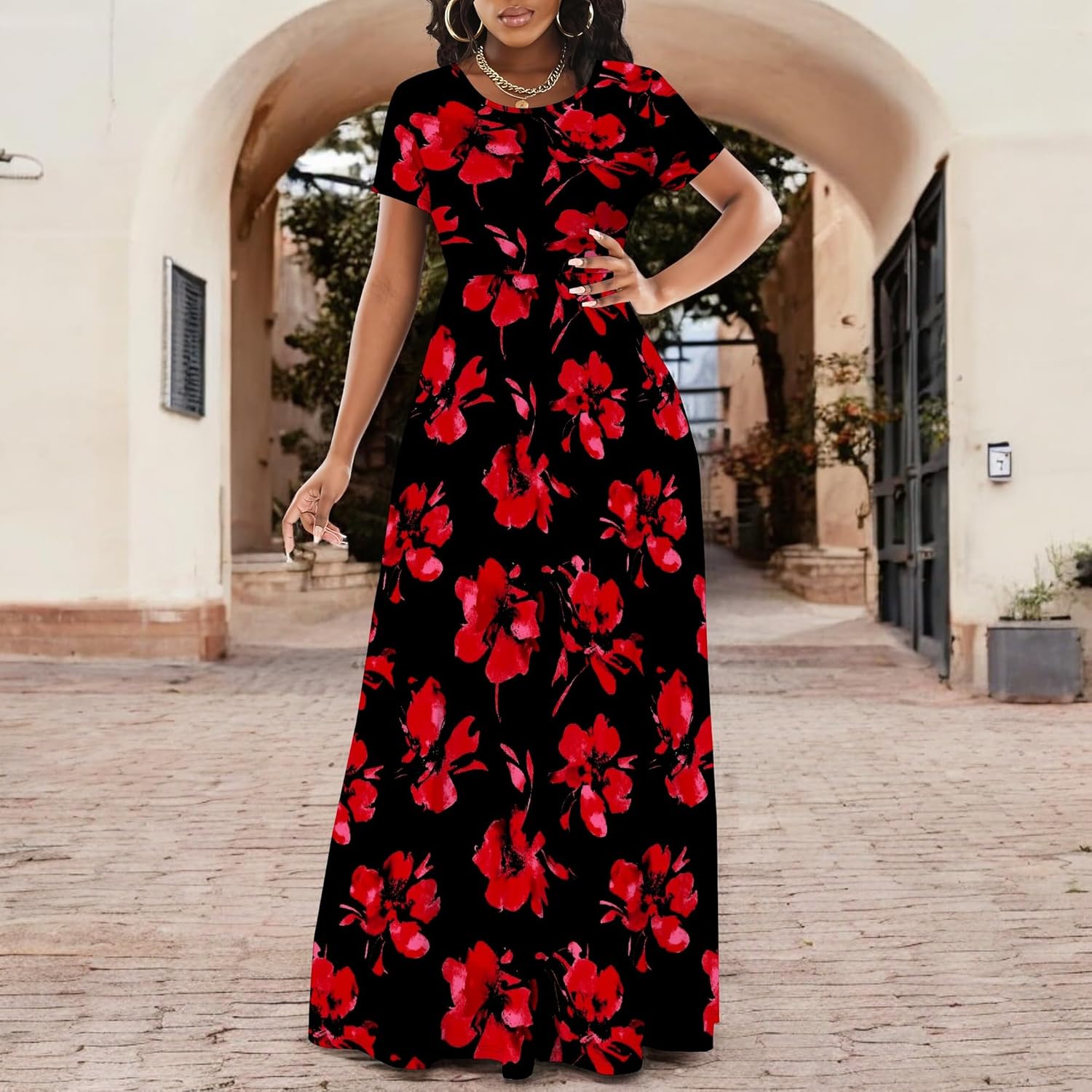 Women's Elegant A-line Maxi Dress Flowy Short Sleeve High Waist Dress Casual Vacation Beach Sundress - Image 3