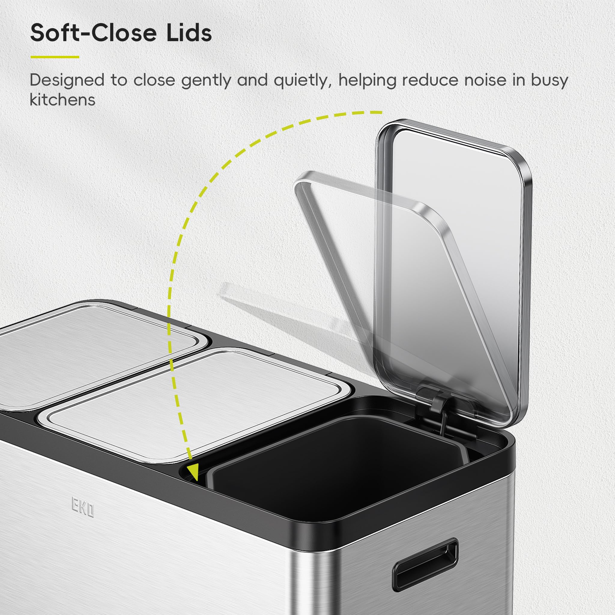 EKO EcoCasa Recycling Mülleimer 20L+20L+20L, Edelstahl 3 Fächer Mülleimer mit individuellen Pedalen zur Küchenabfalltrennung, Kunststoff-Inneneimer und Griffe, Softverschluss, matt metallic