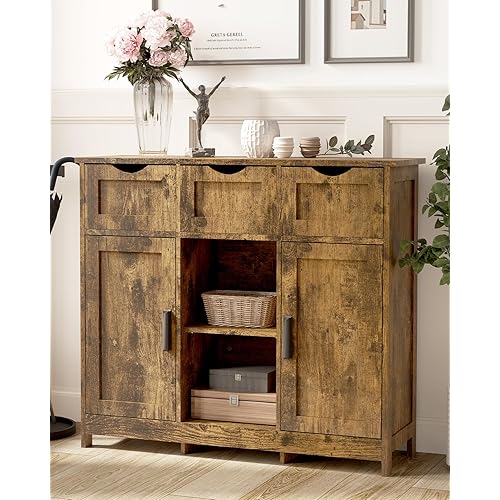 MIRROTOWEL Storage Cabinets，Wooden Floor Cabinet，with Drawers and Shelves Storage Cabinets，Accent Cabinet for Living Room， Bedroom，Bathroom Furniture Home Decor（Retro Color）