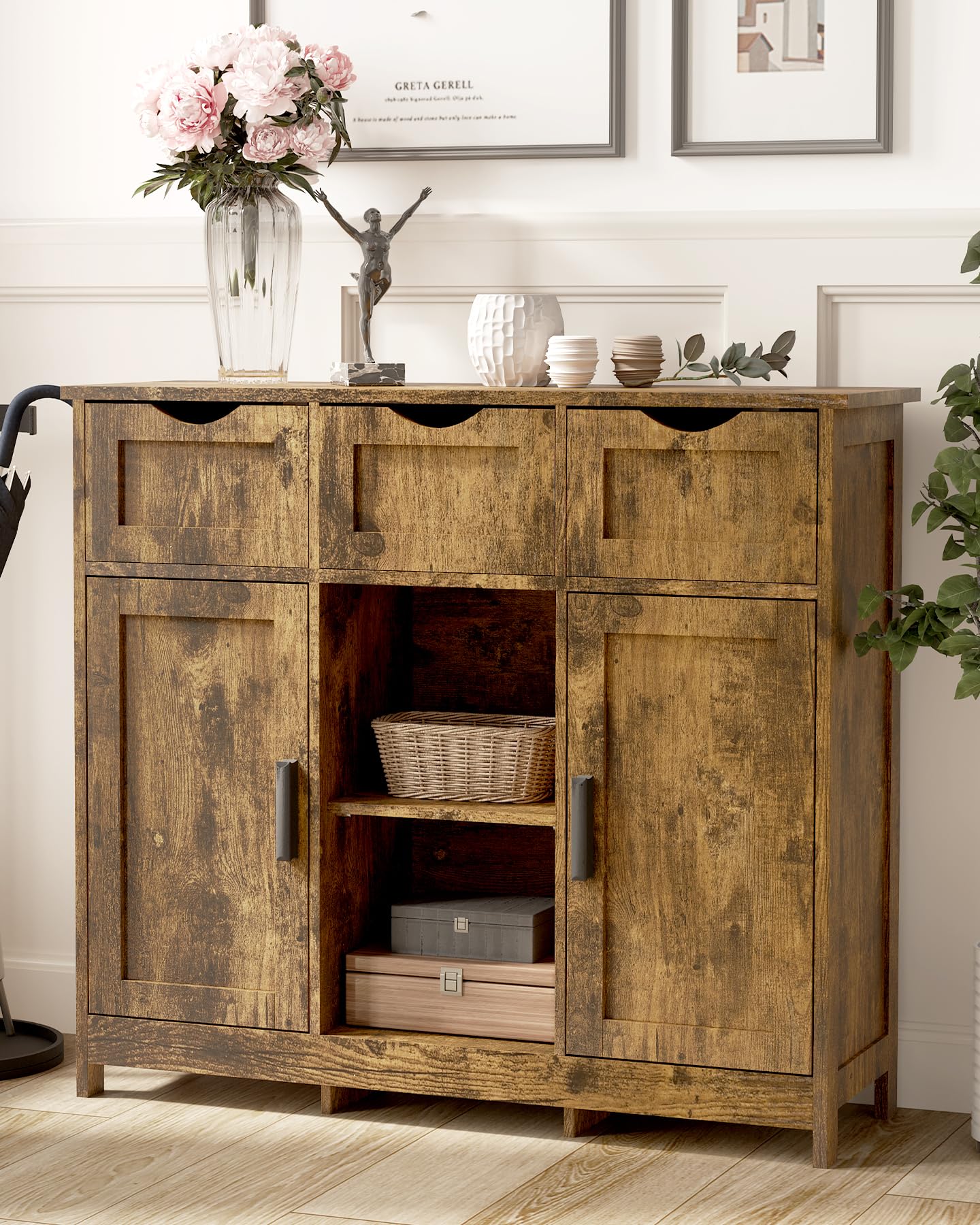 Storage Cabinets，Wooden Floor Cabinet，with Drawers and Shelves Storage Cabinets，Accent Cabinet for Living Room， Bedroom，Bathroom Furniture Home Decor（Retro Color）