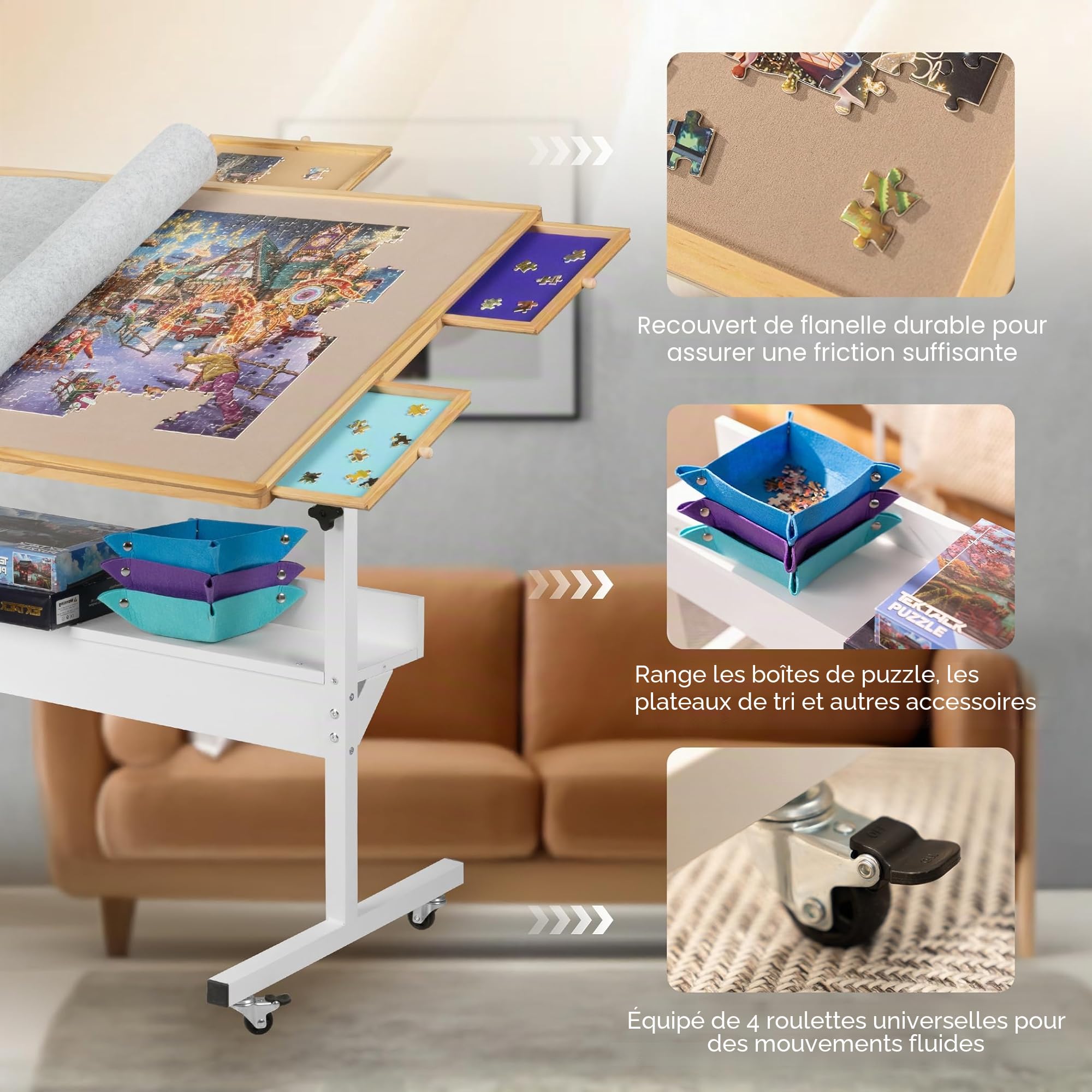 Tektalk Table de Puzzle avec lumière LED, Plateau en Bois avec Couvercle, fermé avec 4 roulettes, jusqu'à 1500 pièces